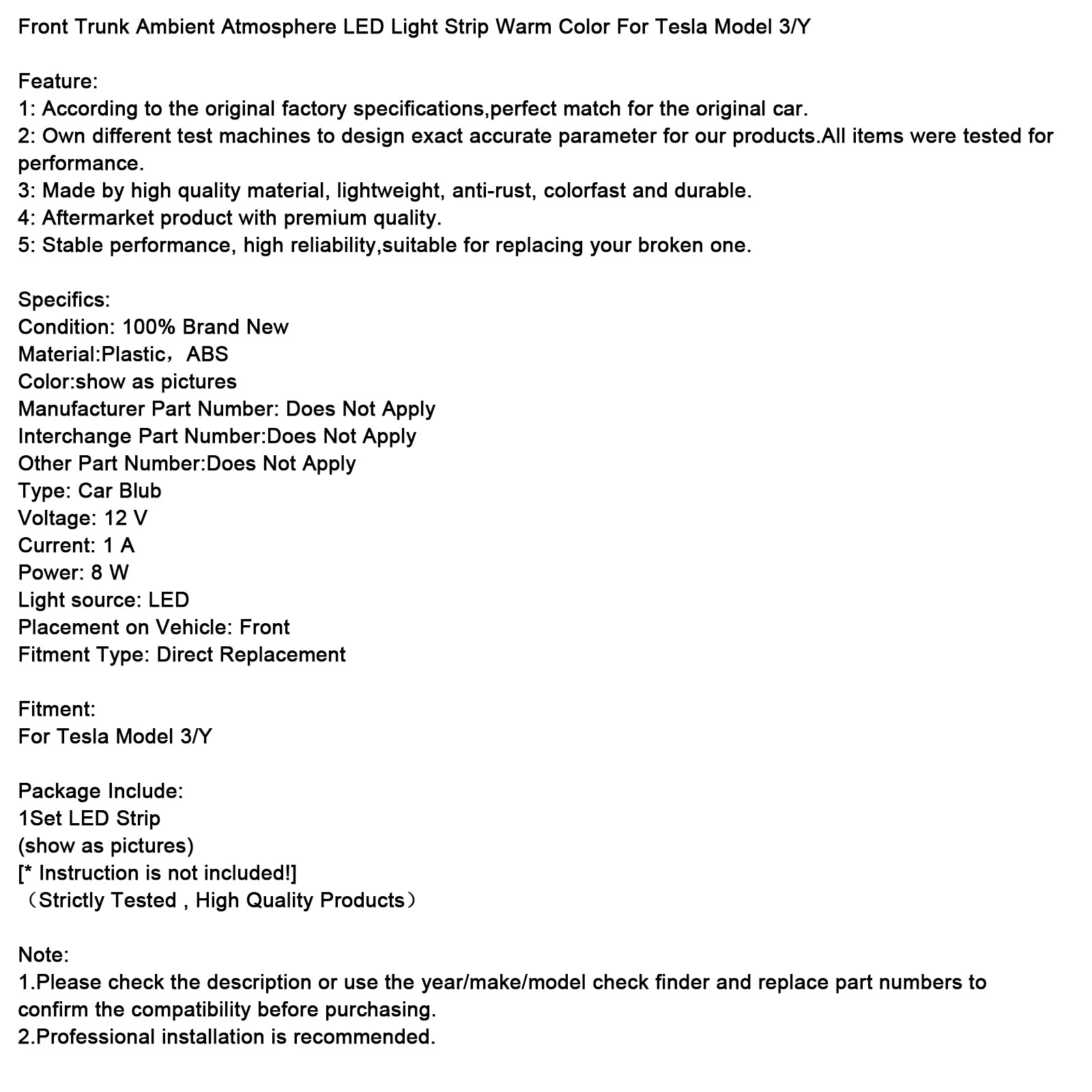 Tira de luz LED de ambiente ambiental para maletero delantero, Color cálido para Tesla Model 3/Y/S/X