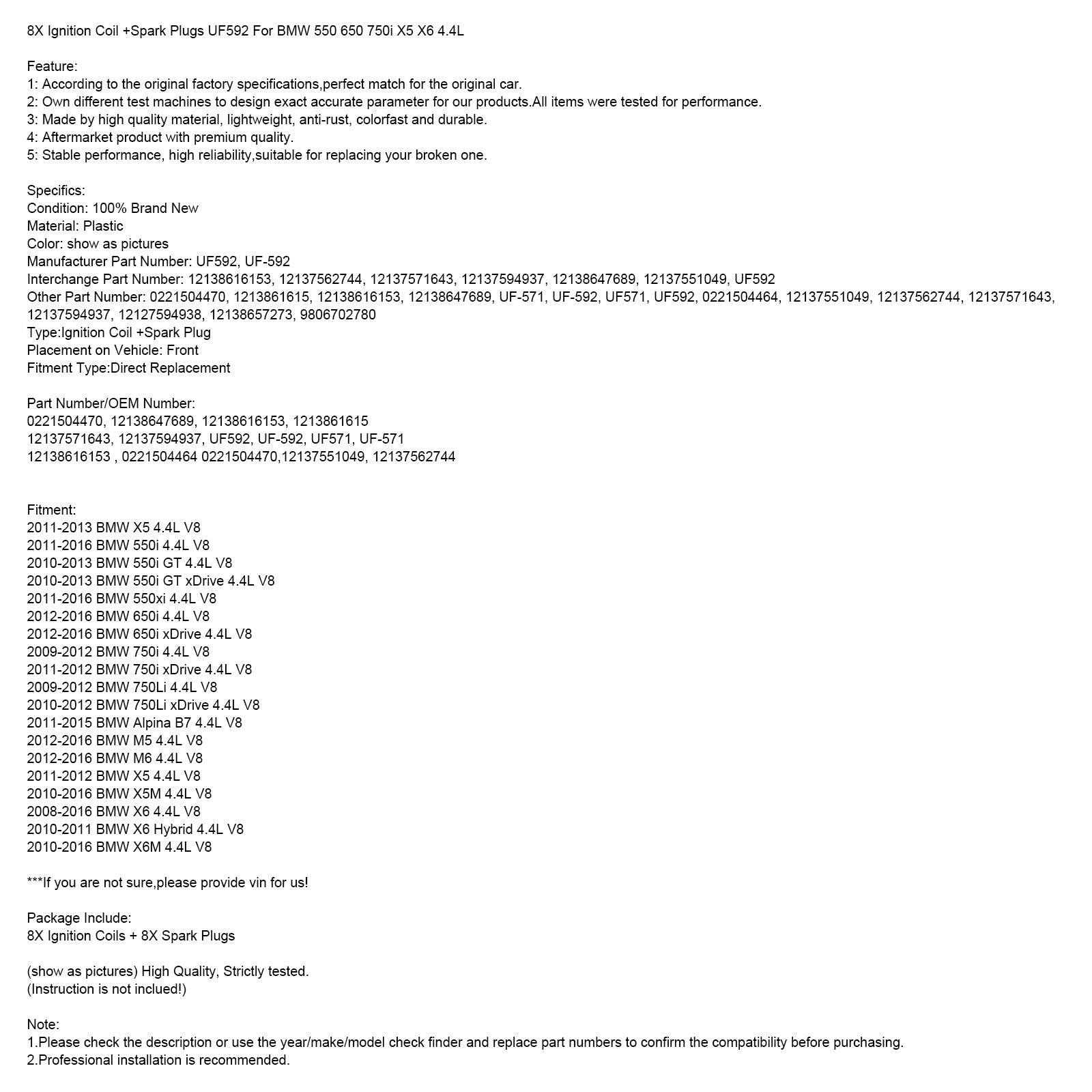2012-2016 BMW 650i 4.4L V8 8X Ignition Coil +Spark Plugs UF592 0221504470