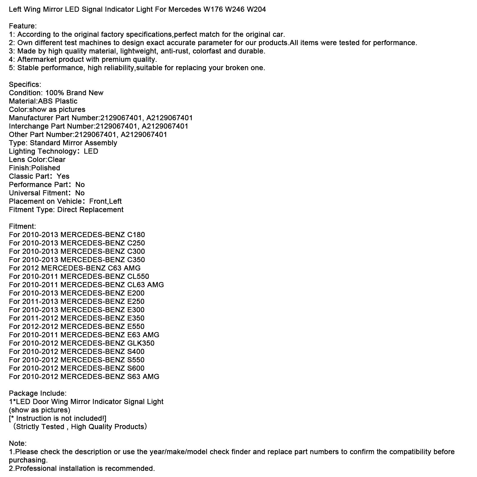 Left Wing Mirror LED Signal Indicator Light For Mercedes W176 W246 W204