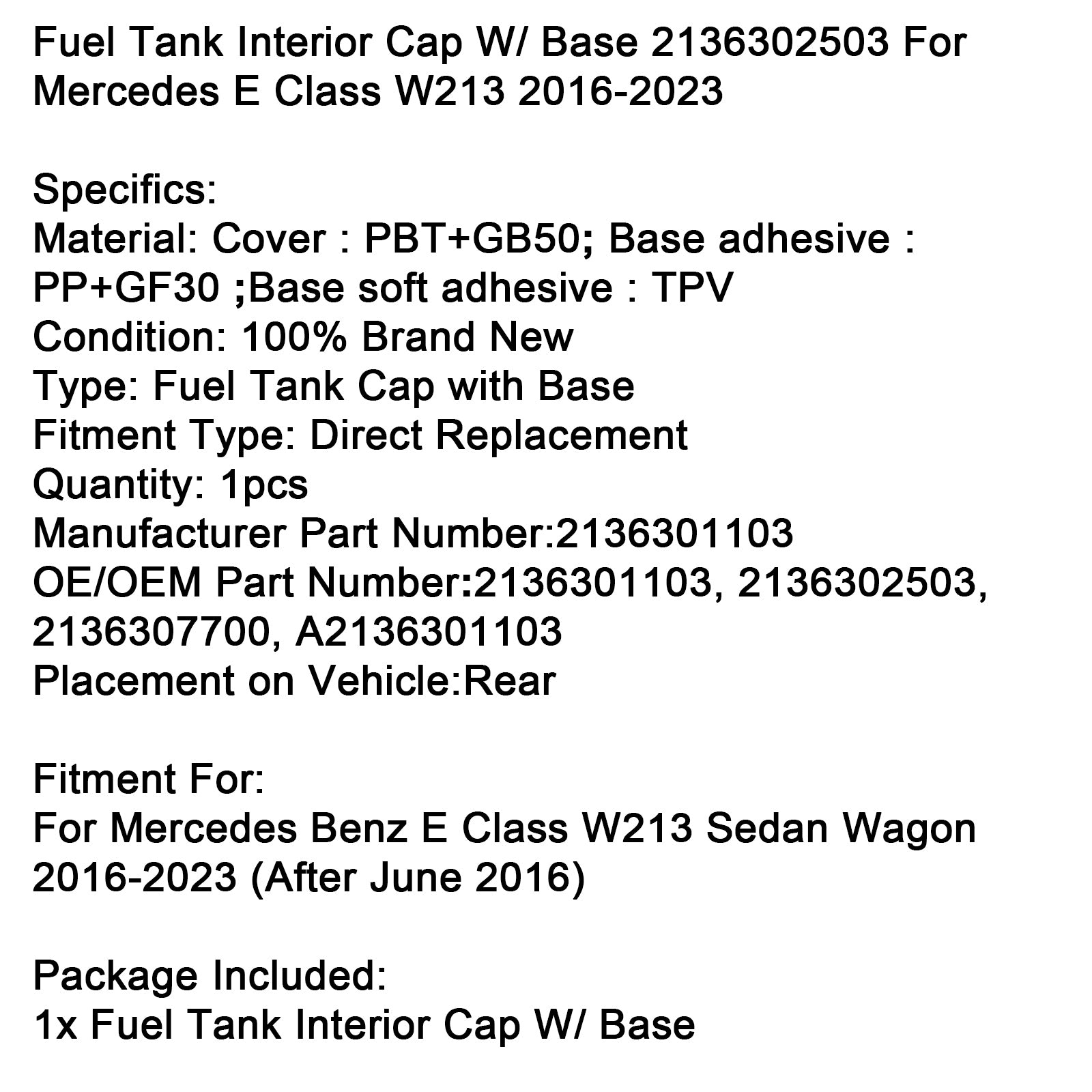 2016-2023 Mercedes E-klass W213 Bränsletankens inre lock med bas 2136302503