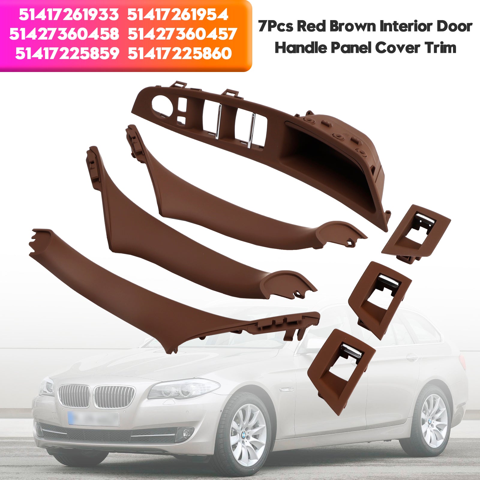 7x Red Brown Interior Manuseio do painel Pull para BMW 5 Série F10 F11 10-16
