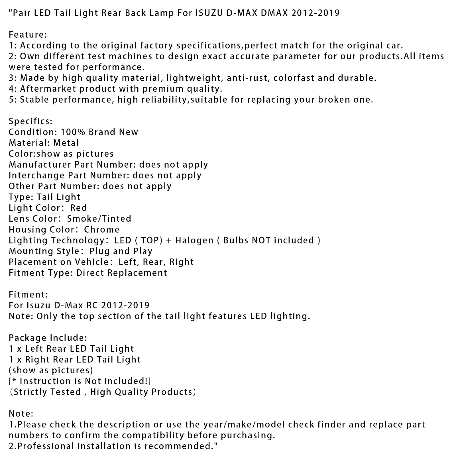 Pair LED Tail Light Rear Back Lamp For ISUZU D-MAX DMAX 2012-2019