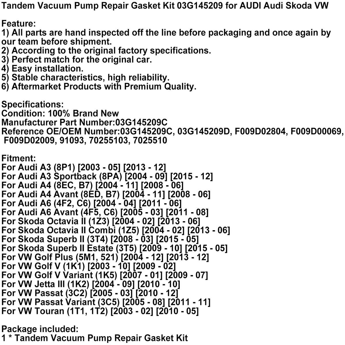 2003-2009 VW Golf V (1K1) Tandem Vacuum Pump Repair Gasket Kit 03G145209 03G145209C 03G145209D Generic