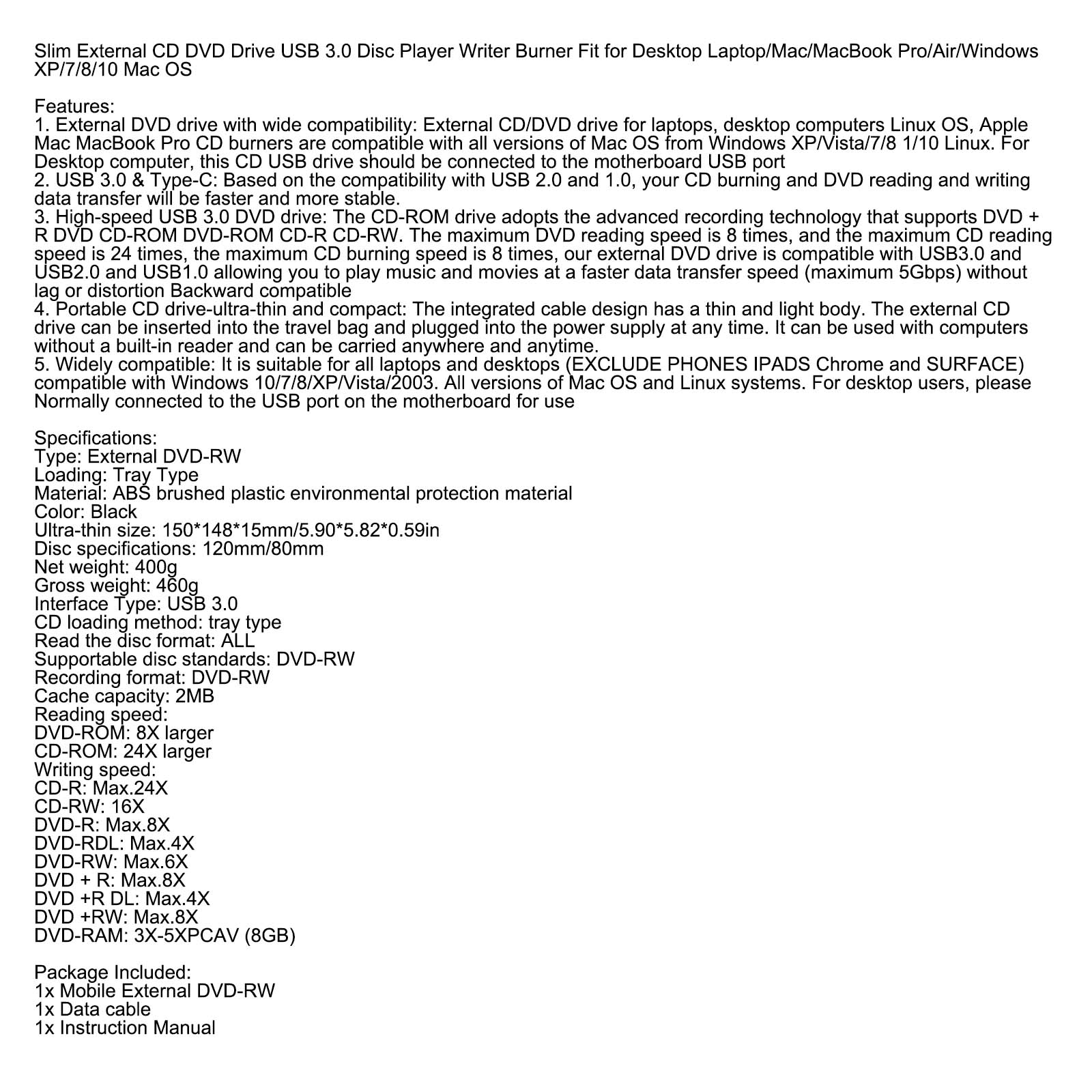 Unidad de CD y DVD externa delgada, grabadora de cara grande Usb3.0 para Mac, portátil y PC