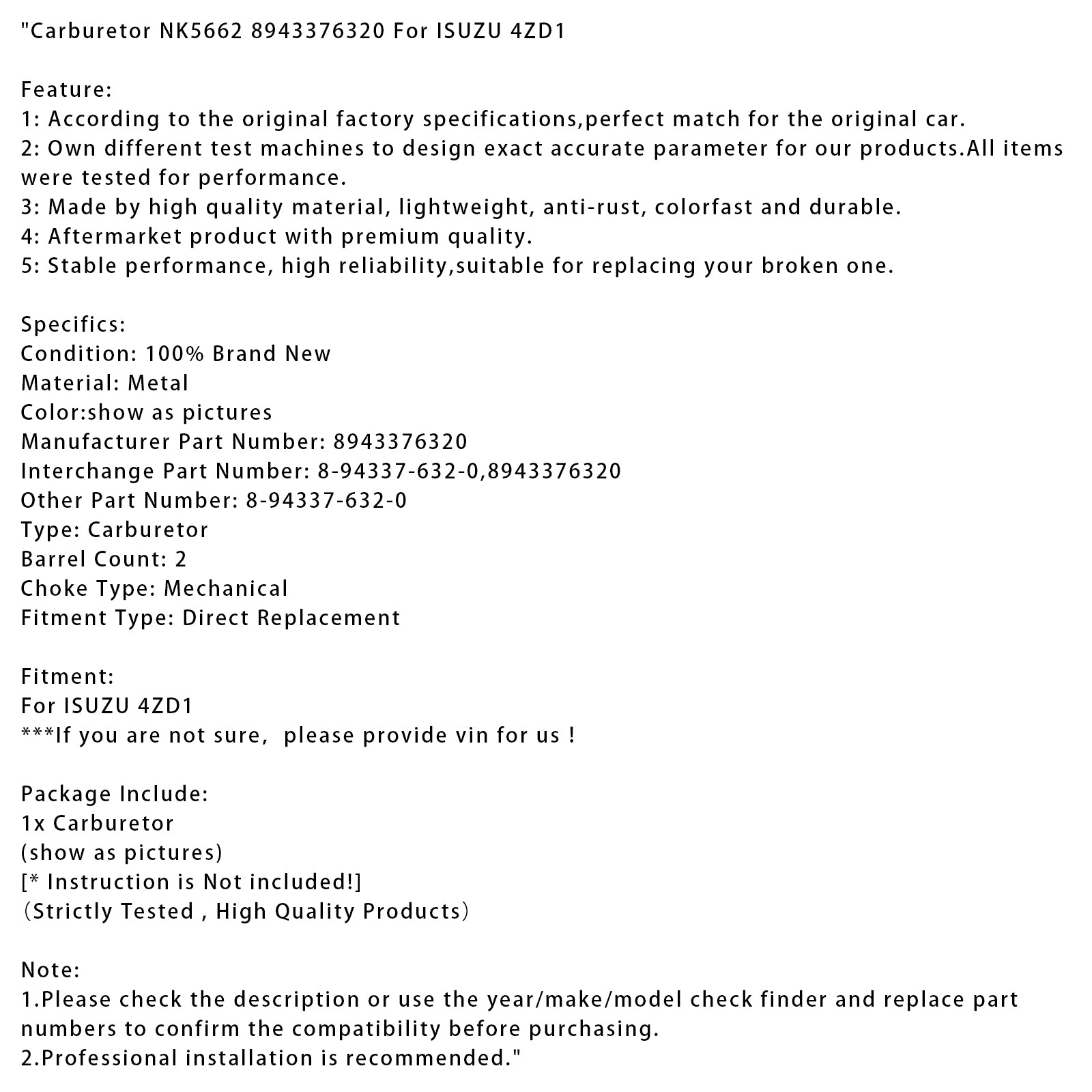 Carburateur NK5662 8943376320 8-94337-632-0 d'ISUZU 4ZD1