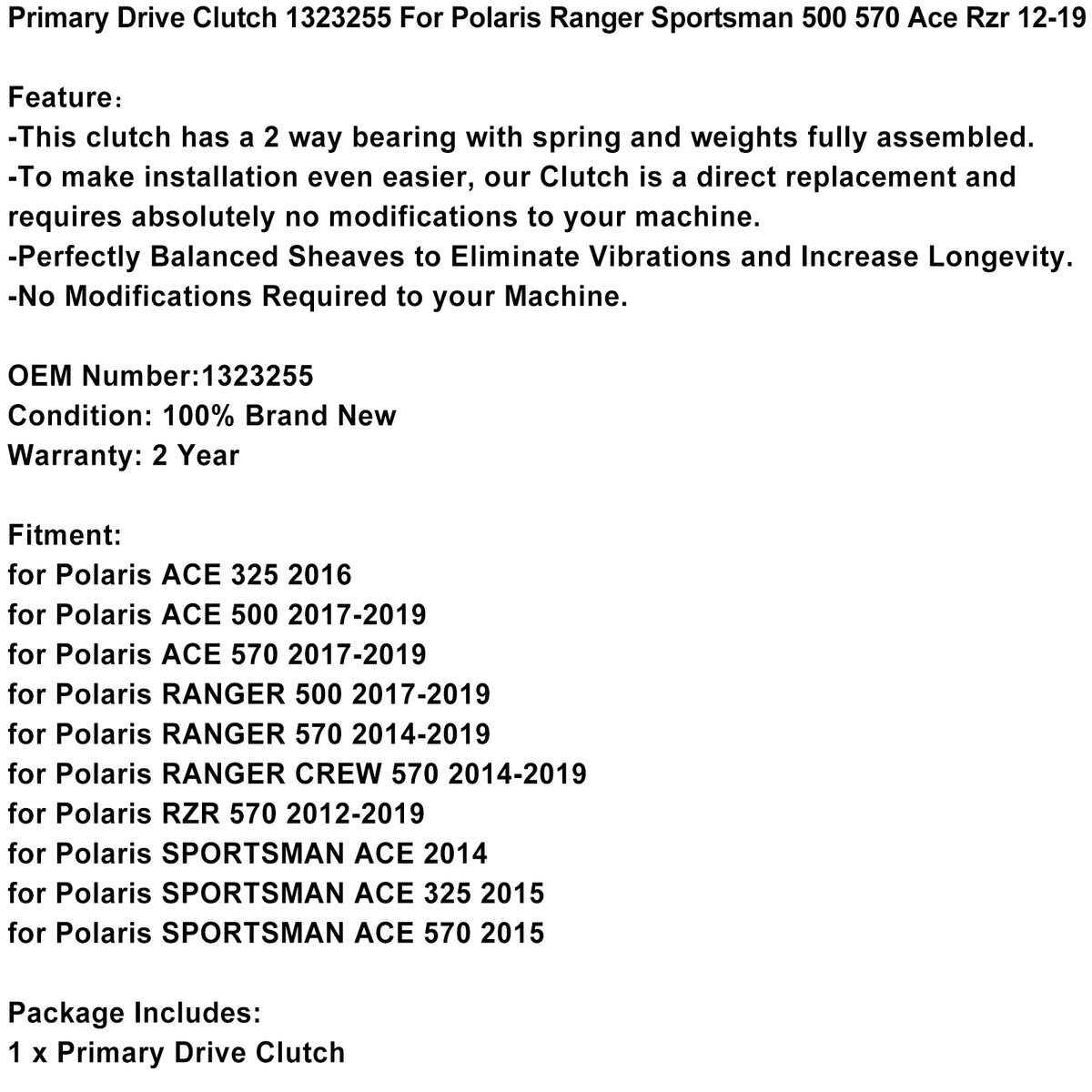 2017-2019 Polaris RANGER 570 CREW FS Primary Drive Clutch 1323167 1323013 Generic