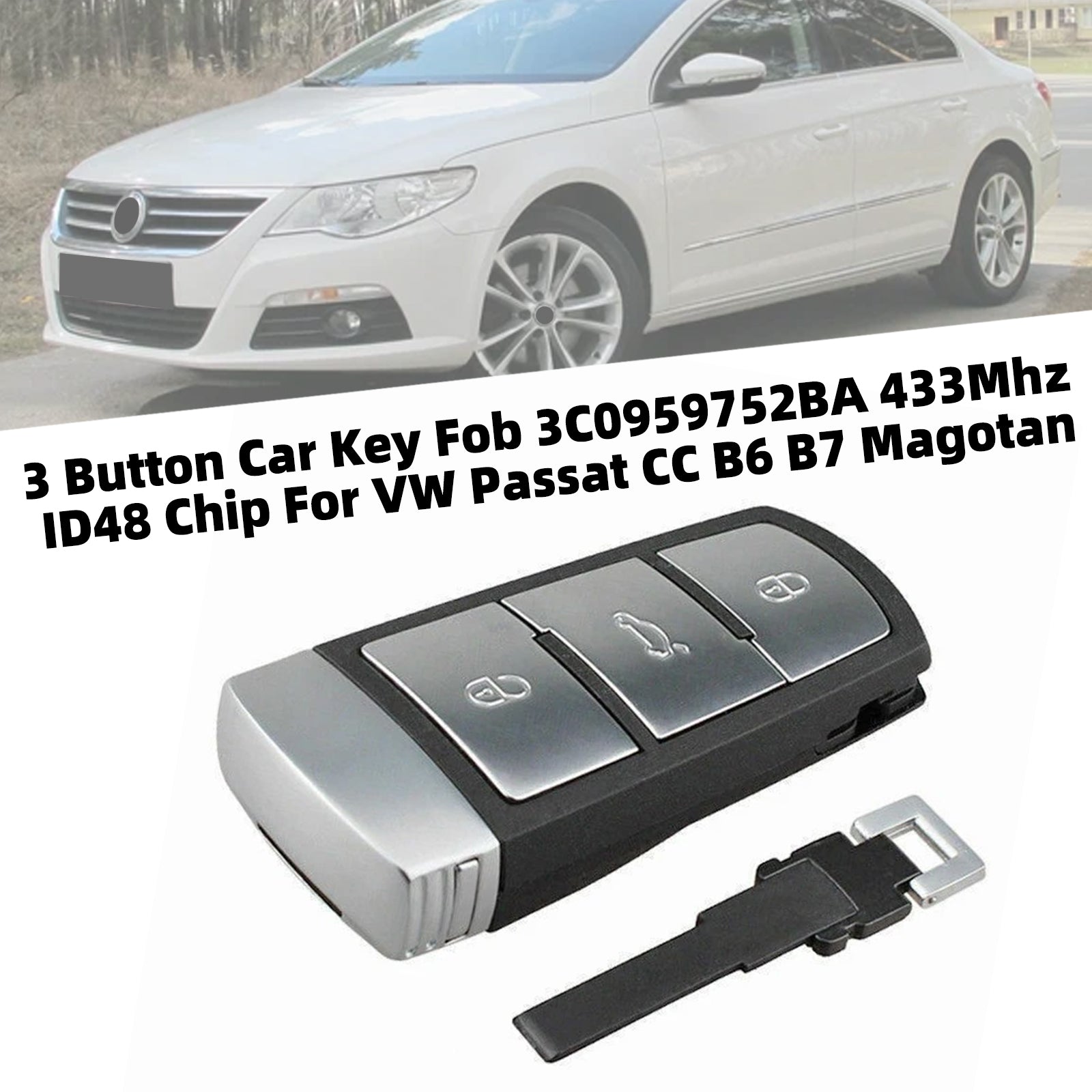 3 Button Car Key Fob 3C0959752BA 433Mhz ID48 Chip For VW Passat CC B6 B7 Magotan