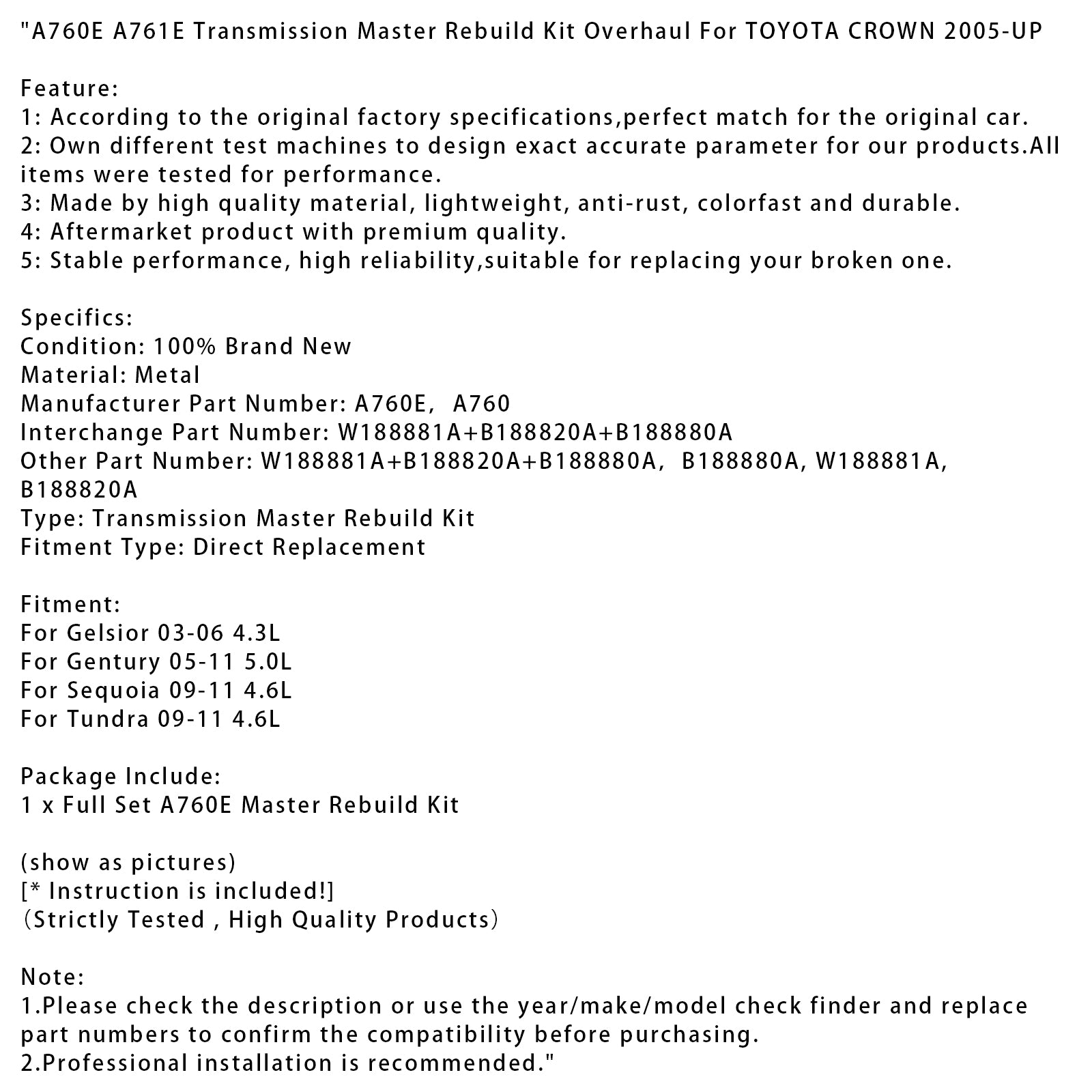 Kit de reconstrucción maestra de transmisión A760E A761E, revisión para TOYOTA CROWN 2005 en adelante