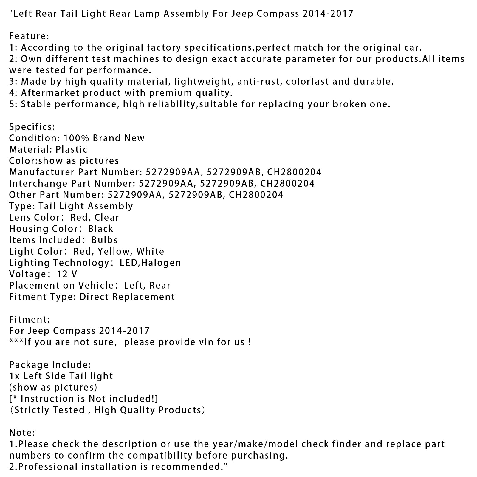 Left Rear Tail Light Rear Lamp Assembly For Jeep Compass 2014-2017