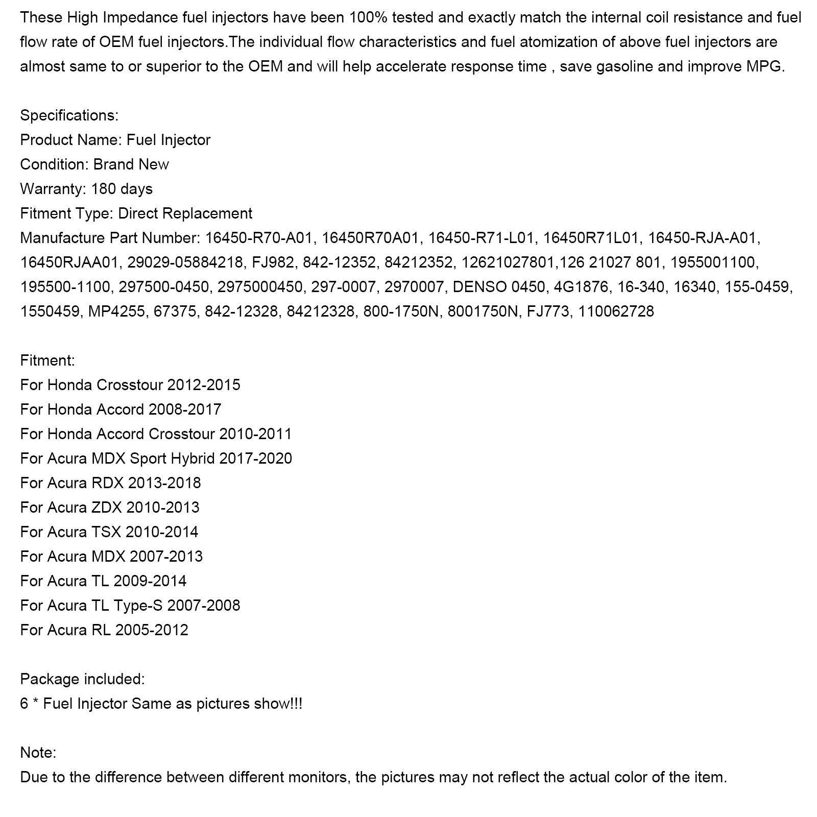 2017-2020 Acura MDX Sport Hybrid 6PCS Fuel Injector 16450-R70-A01