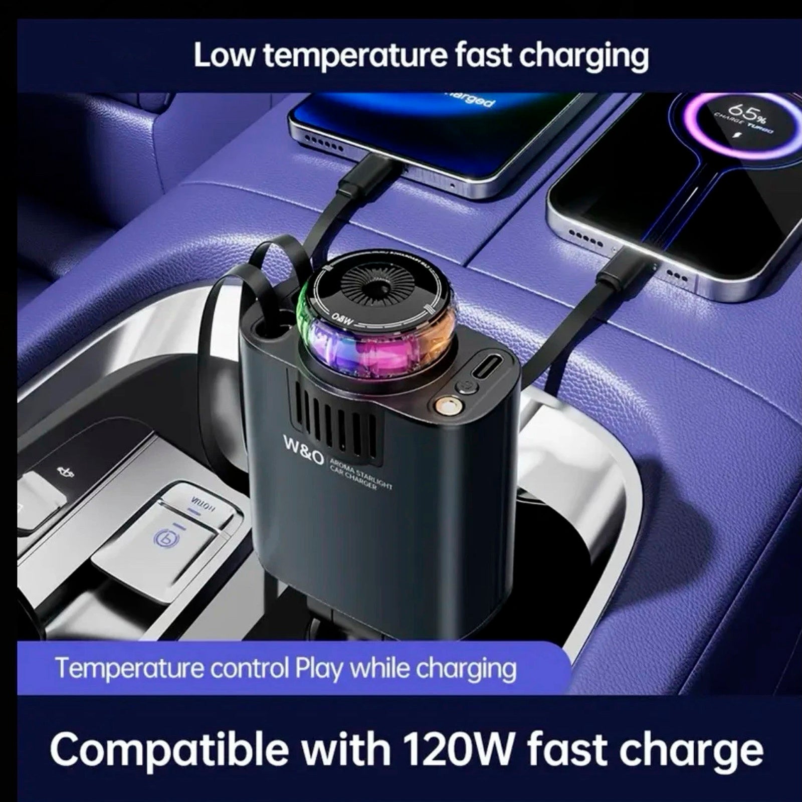 120W Super Fast Car Charger with Retractable Cable Smart Air Freshener Charger