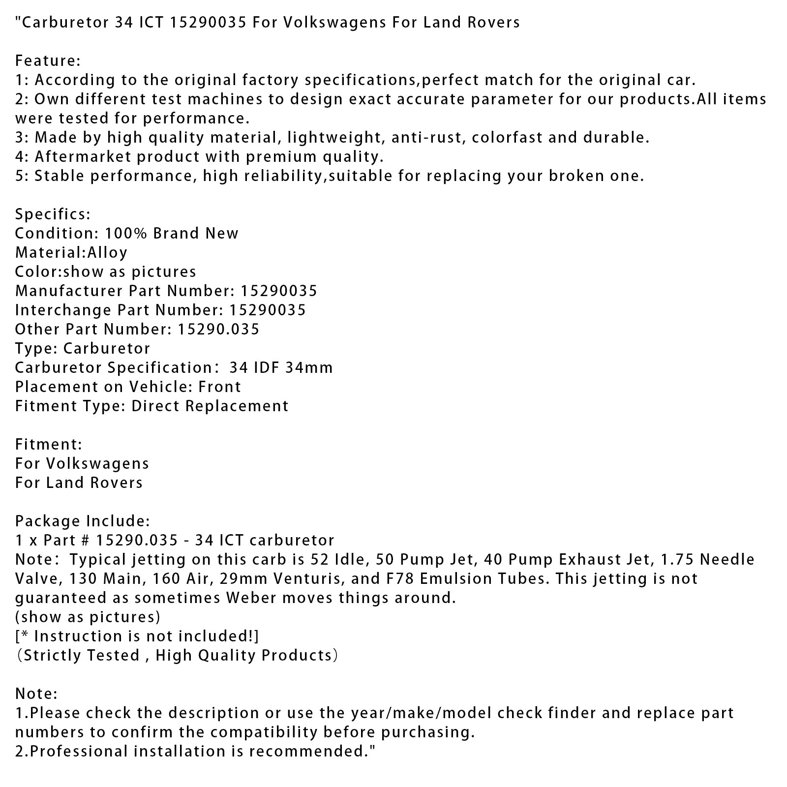 Carburetor 34 15290035 For Volkswagens For Land Rovers