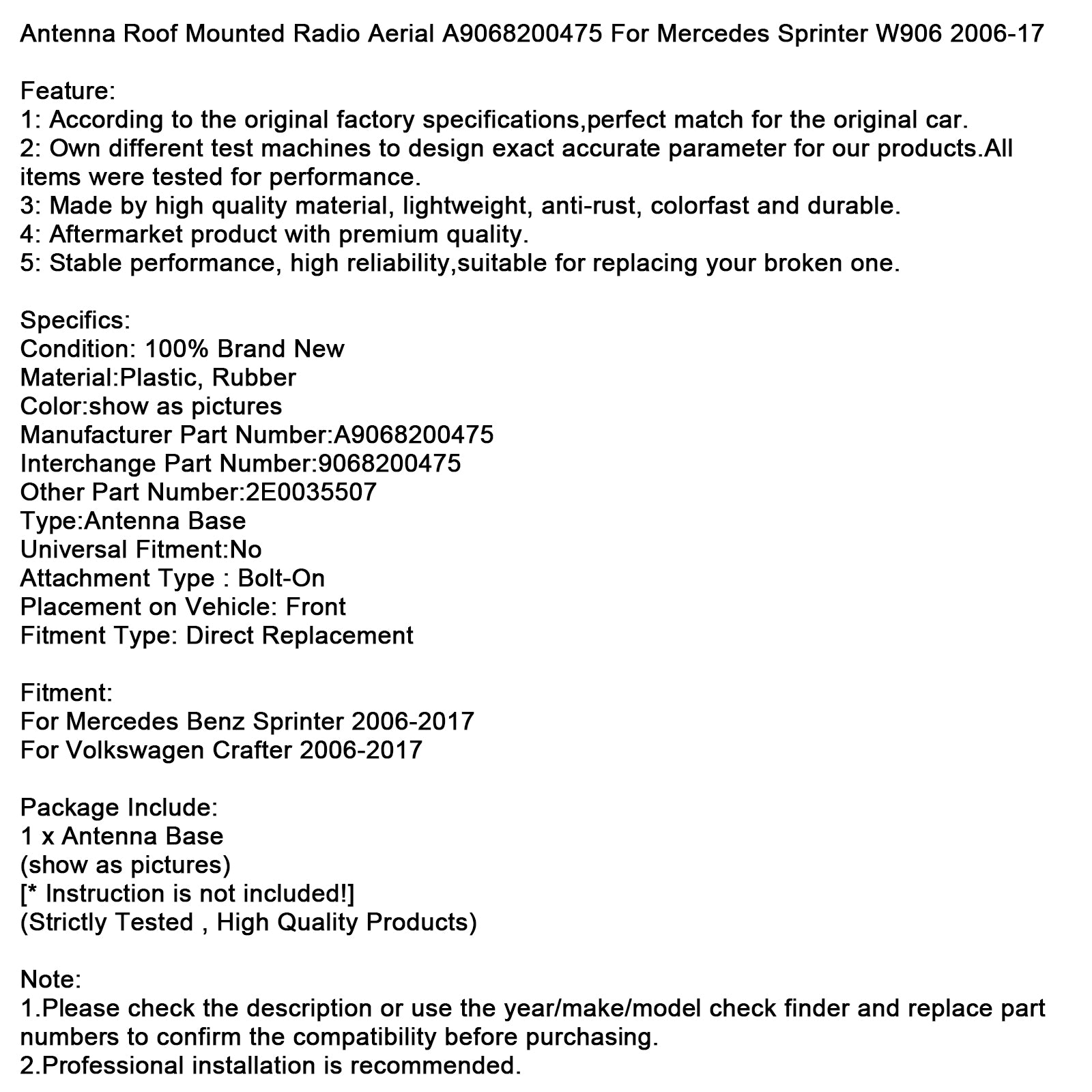 Antenna Roof Mounted Radio Aerial A9068200475 For Mercedes Sprinter W906 06-17