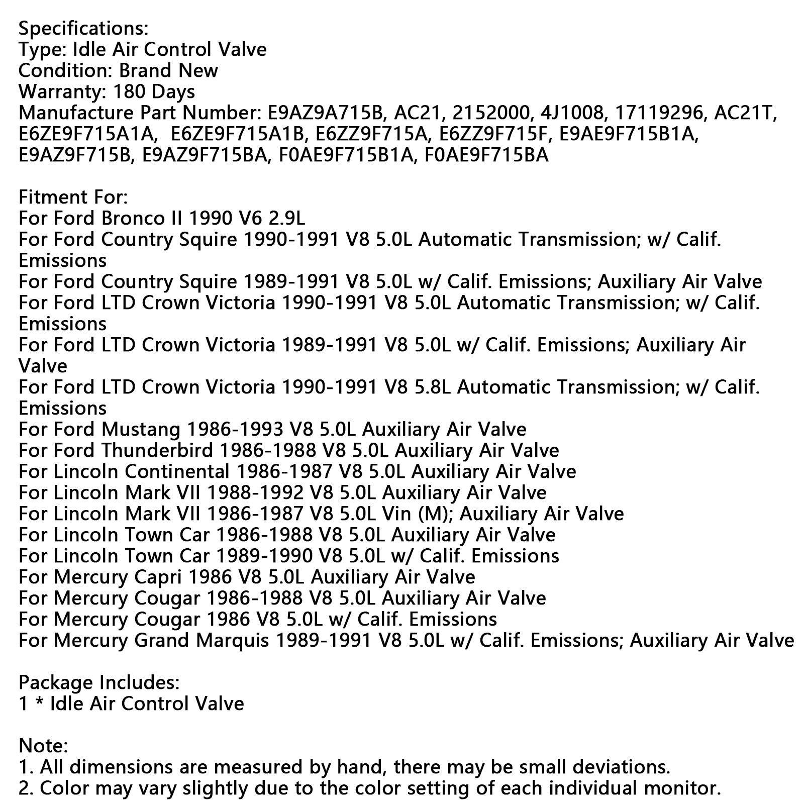Vanne de commande de l'air inactif E9AZ9A715B Fit Ford Mustang 1986-1993 V8 5.0L
