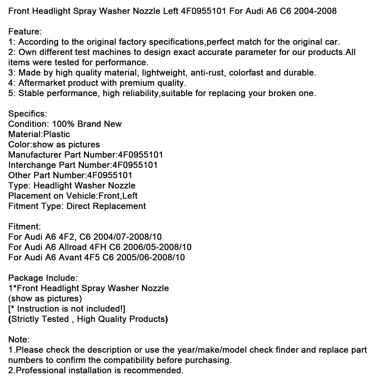 Front Headlight Spray Washer Nozzle Left 4F0955101 For Audi A6 C6 2004-2008
