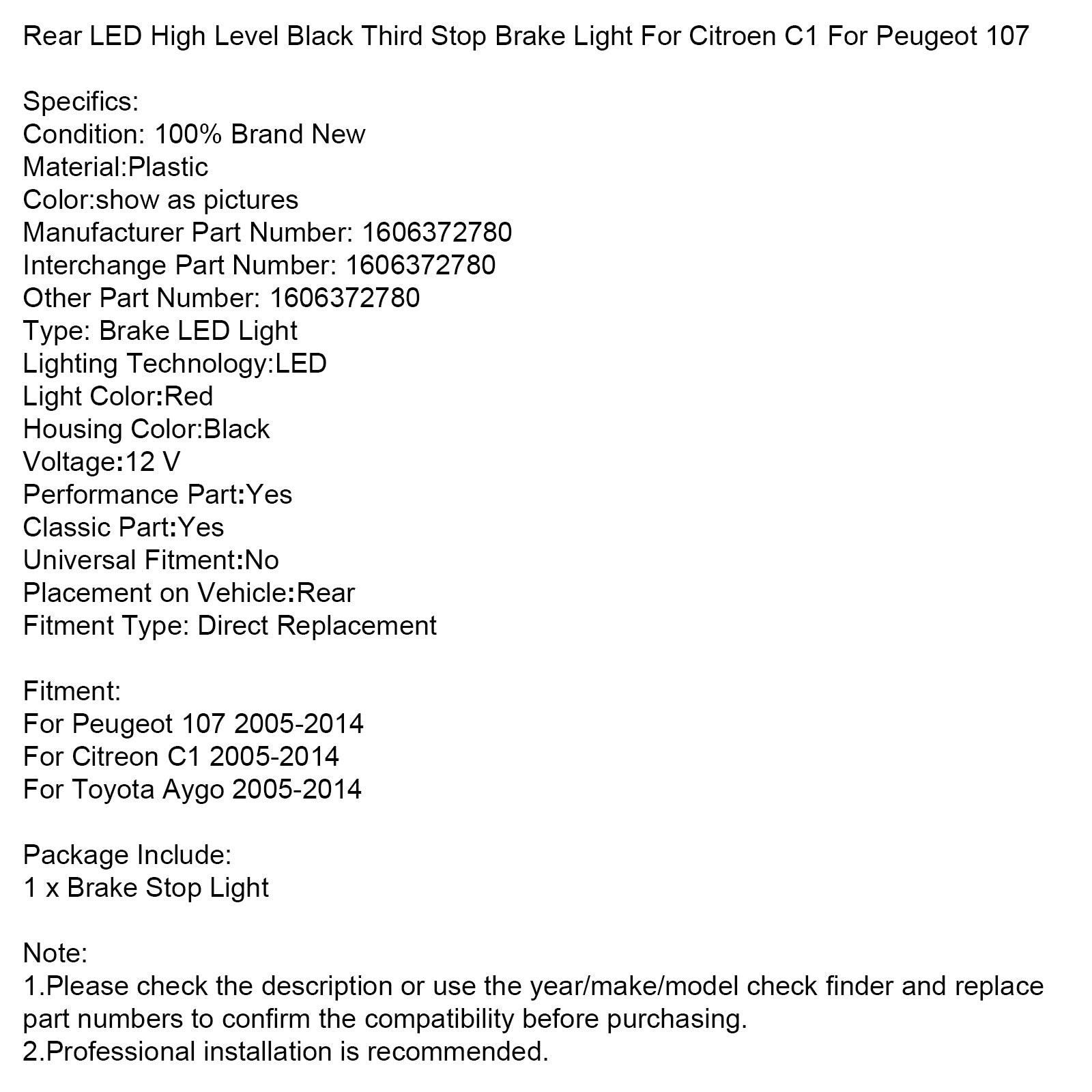 Luz de freno trasera de alto nivel, negra, tercera parada, para Citroen C1, Peugeot 107