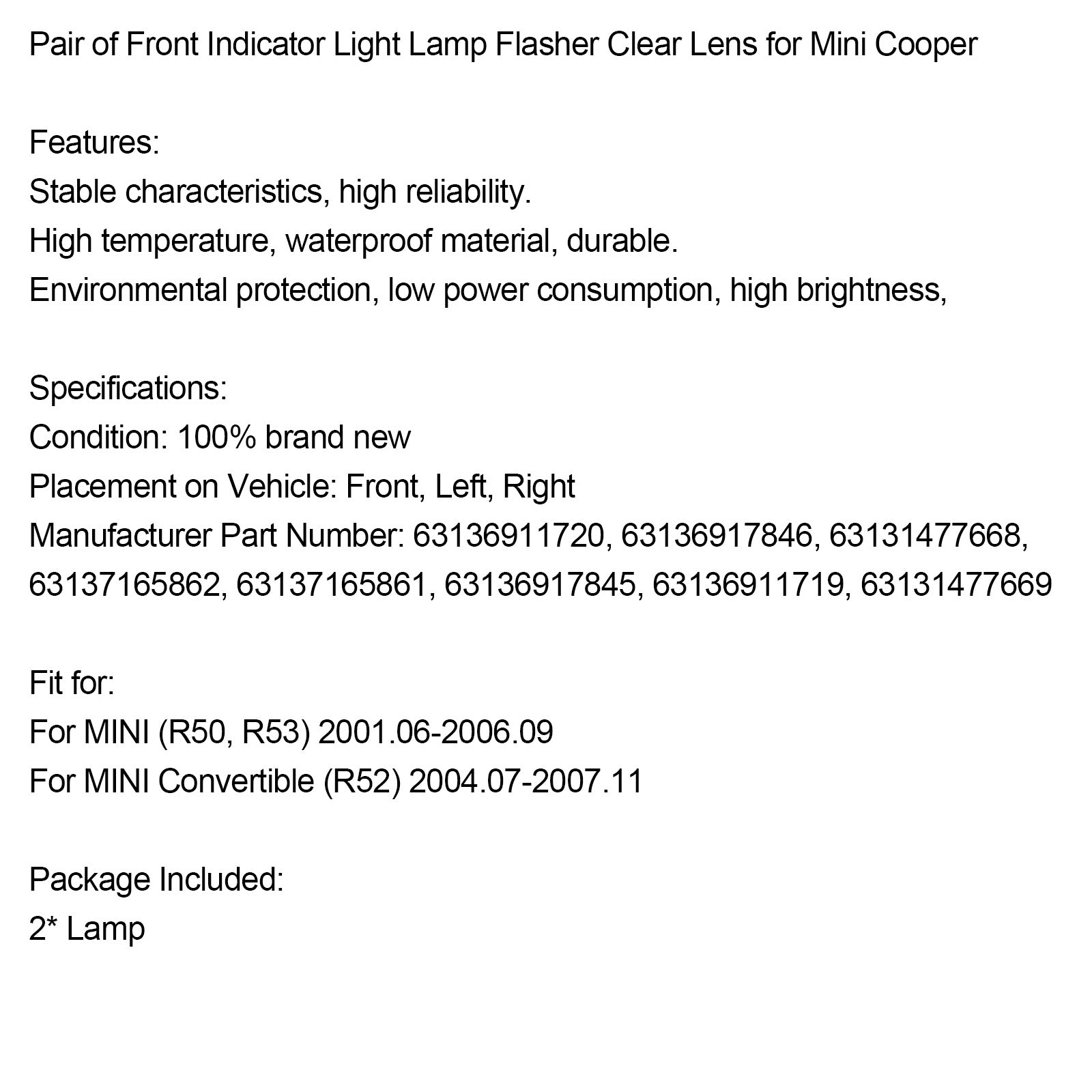 Pair of Front Indicator Light Lamp Flasher Clear Lens for Mini Cooper