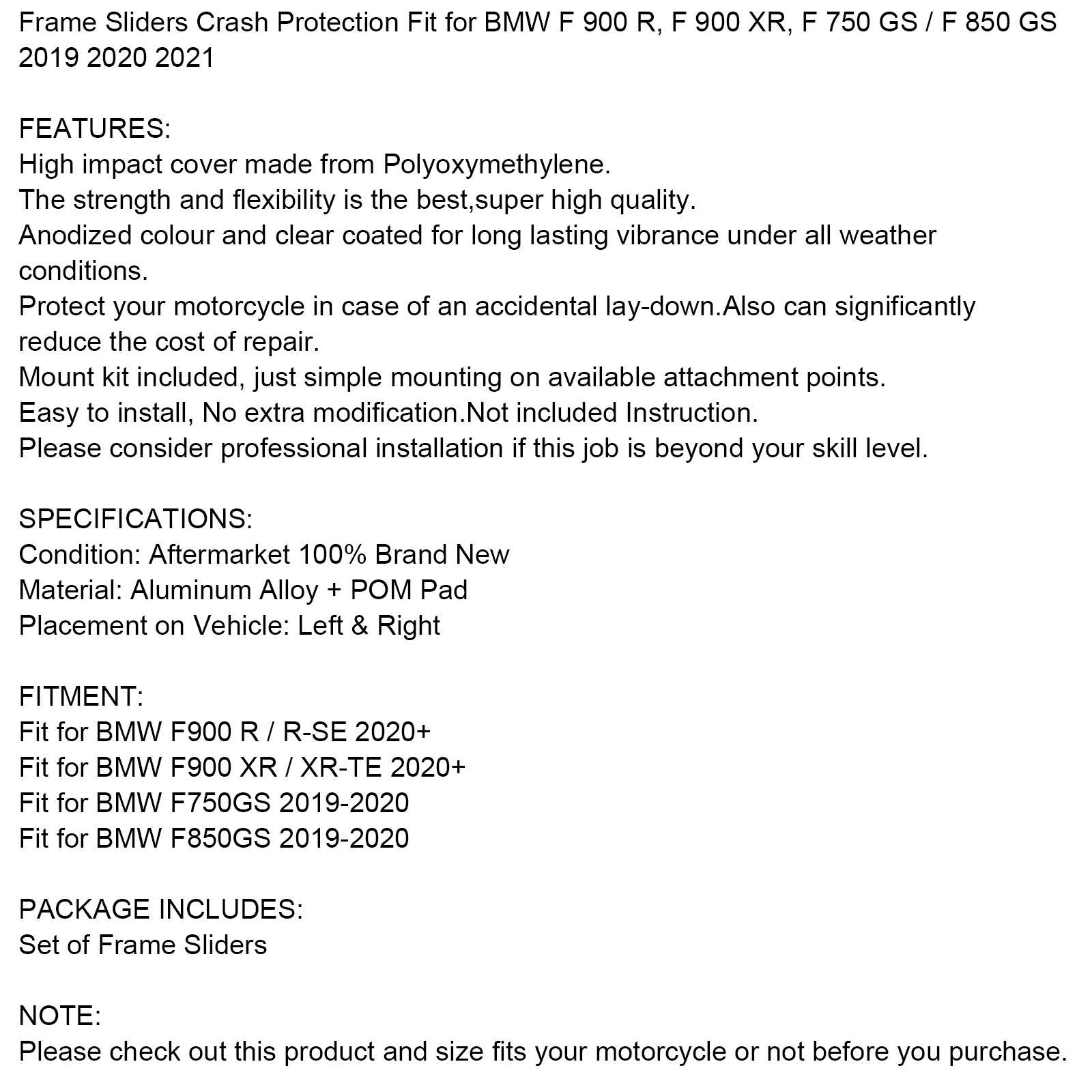 Anti-Crash Frame Sliders Protector Fit for BMW F900 R/XR 2020 F 750/850 GS 19-20