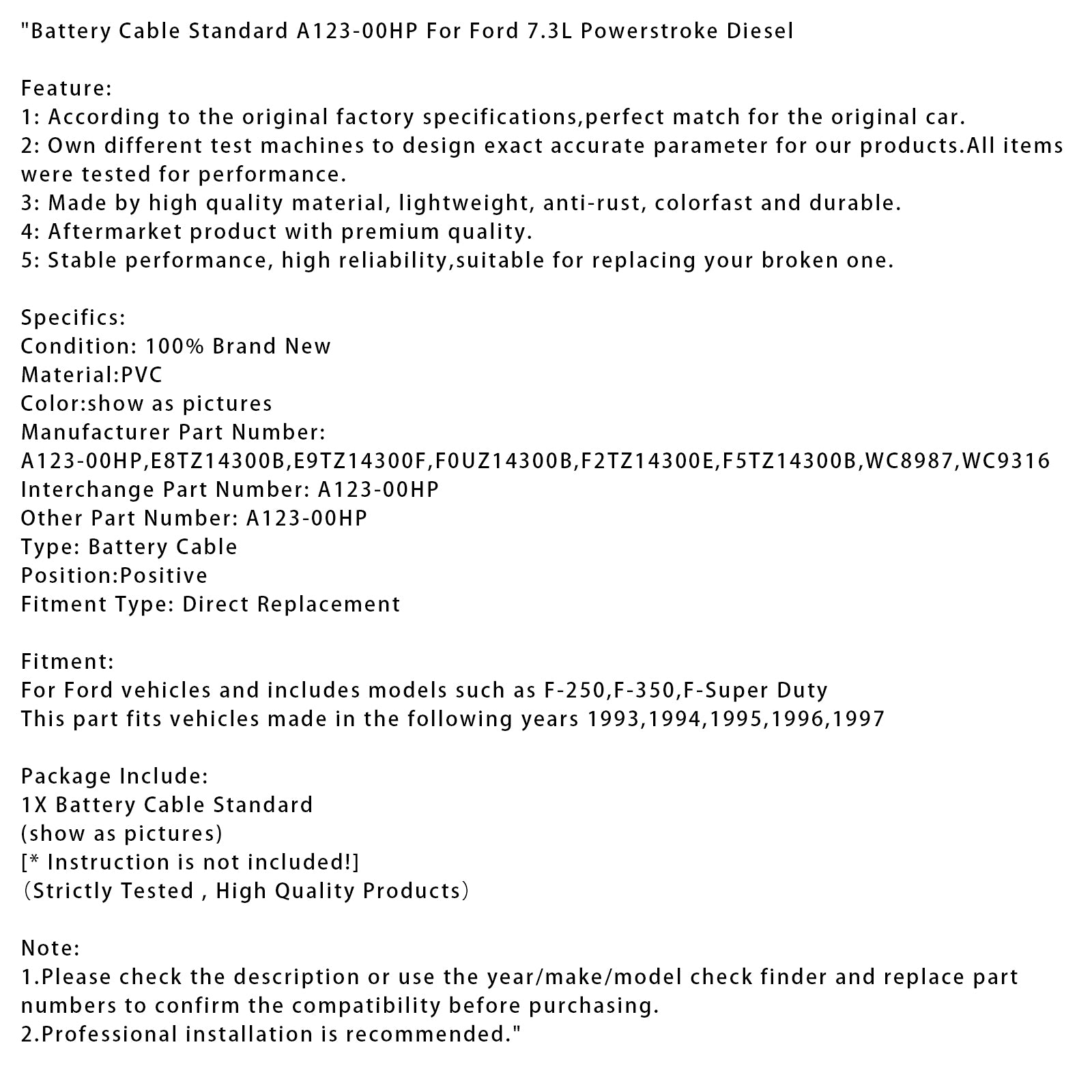Ford 7.3L Powerstroke Diesel Battery Cable Standard A123-00HP E9TZ14300F F0UZ14300B