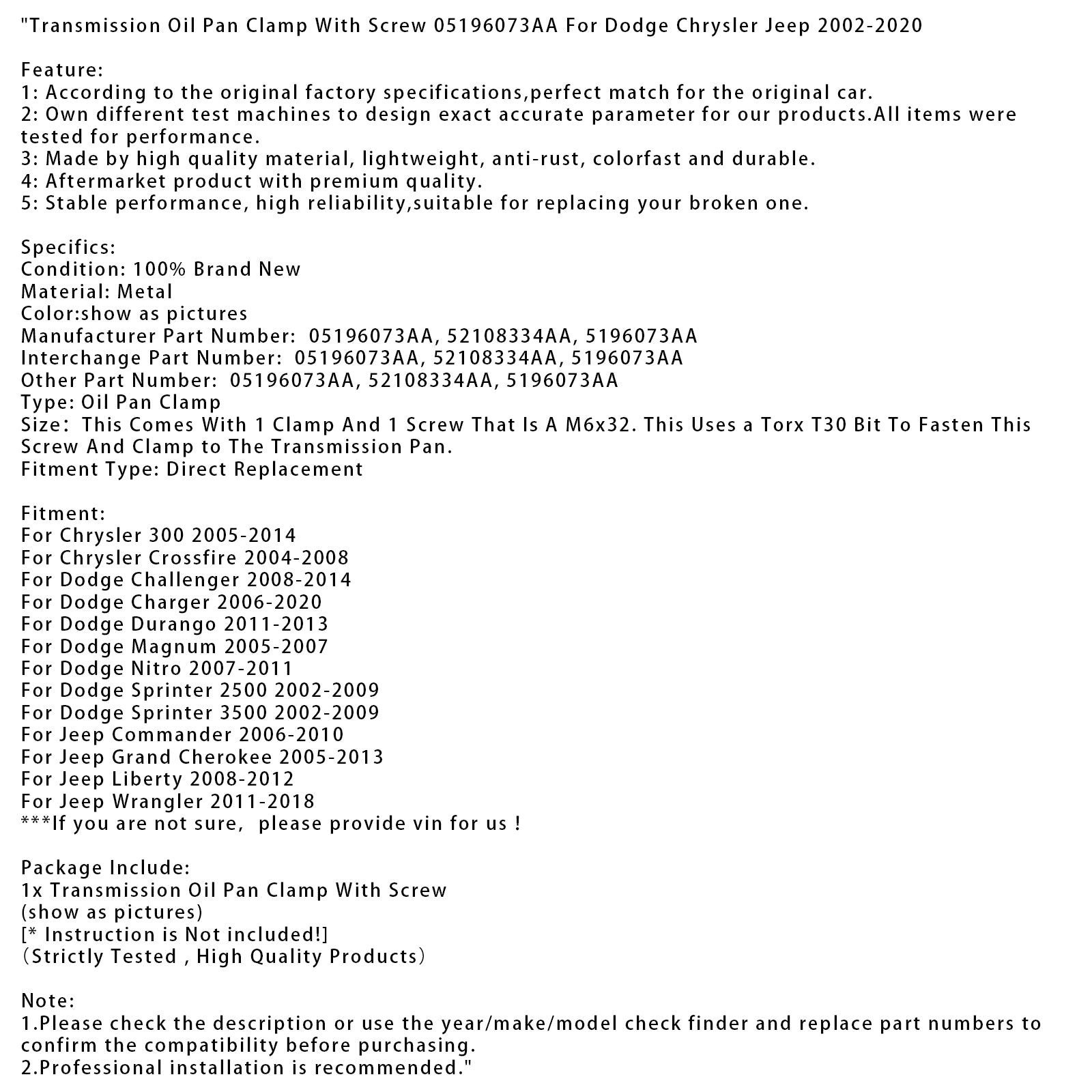 Transmission Oil Pan Clamp With Screw 05196073AA For Dodge Chrysler Jeep 02-2020