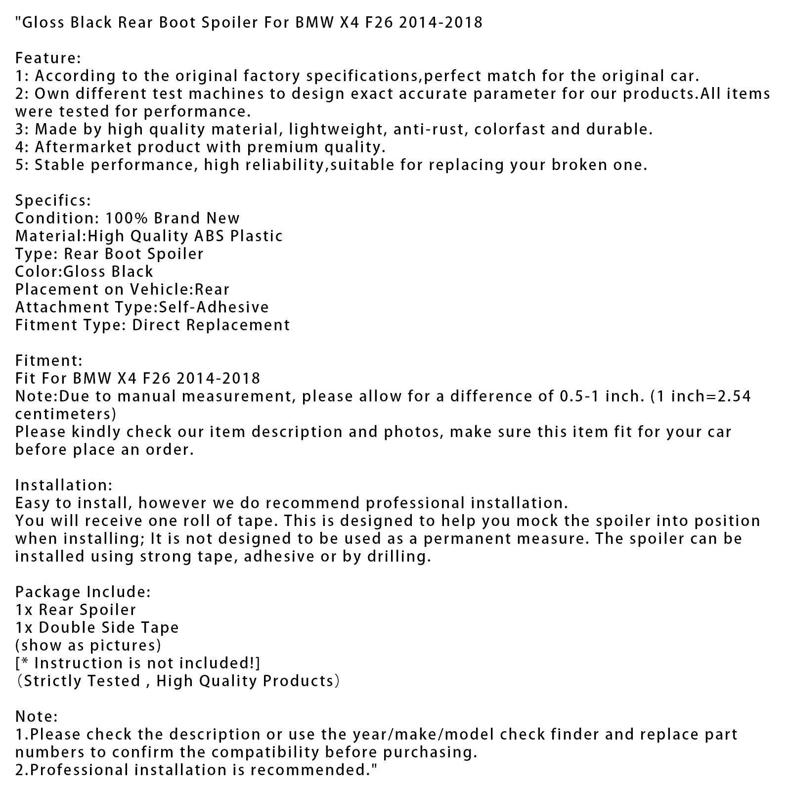2014-2018 BMW X4 F26 Gloss Black Rear Boot Spoiler
