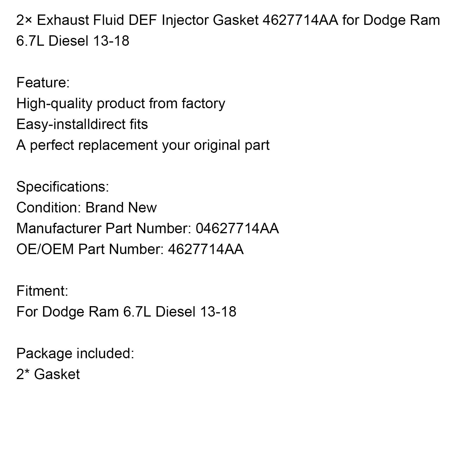 2013-2018 Dodge Ram 6.7L Diesel 2× Exhaust Fluid DEF Injector Gasket 4627714AA