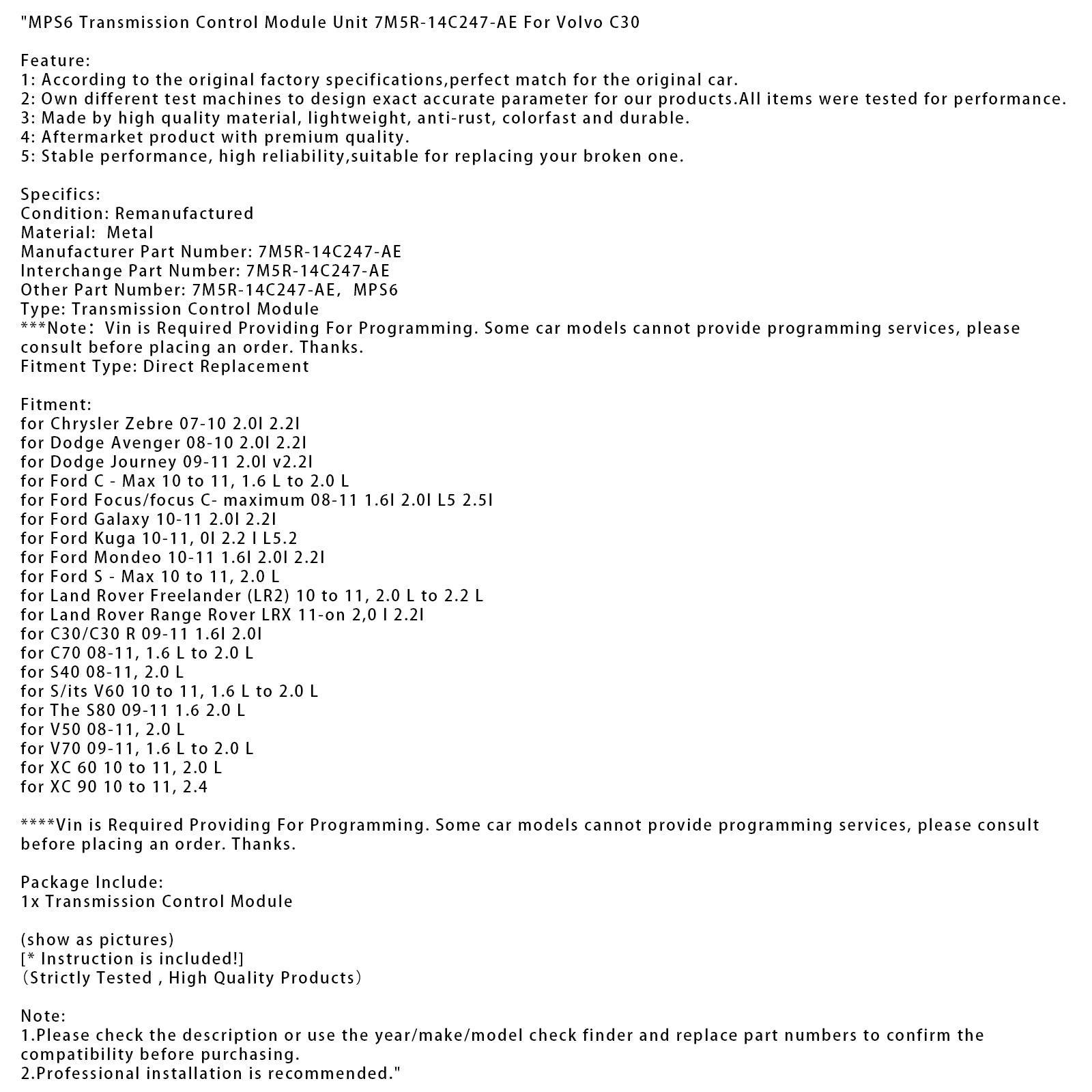 MPS6 Transmission Control Module Unit 7M5R-14C247-AE For Volvo C30