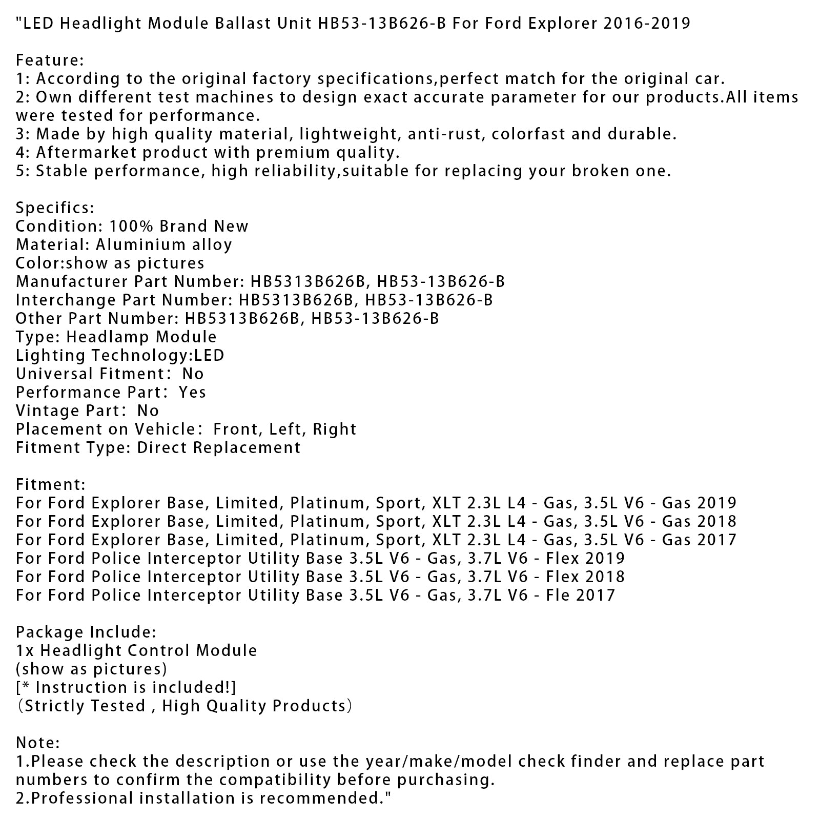 LED-strålkastarmodul Styrenhet HB53-13B626-B för Ford Explorer 2016-2019