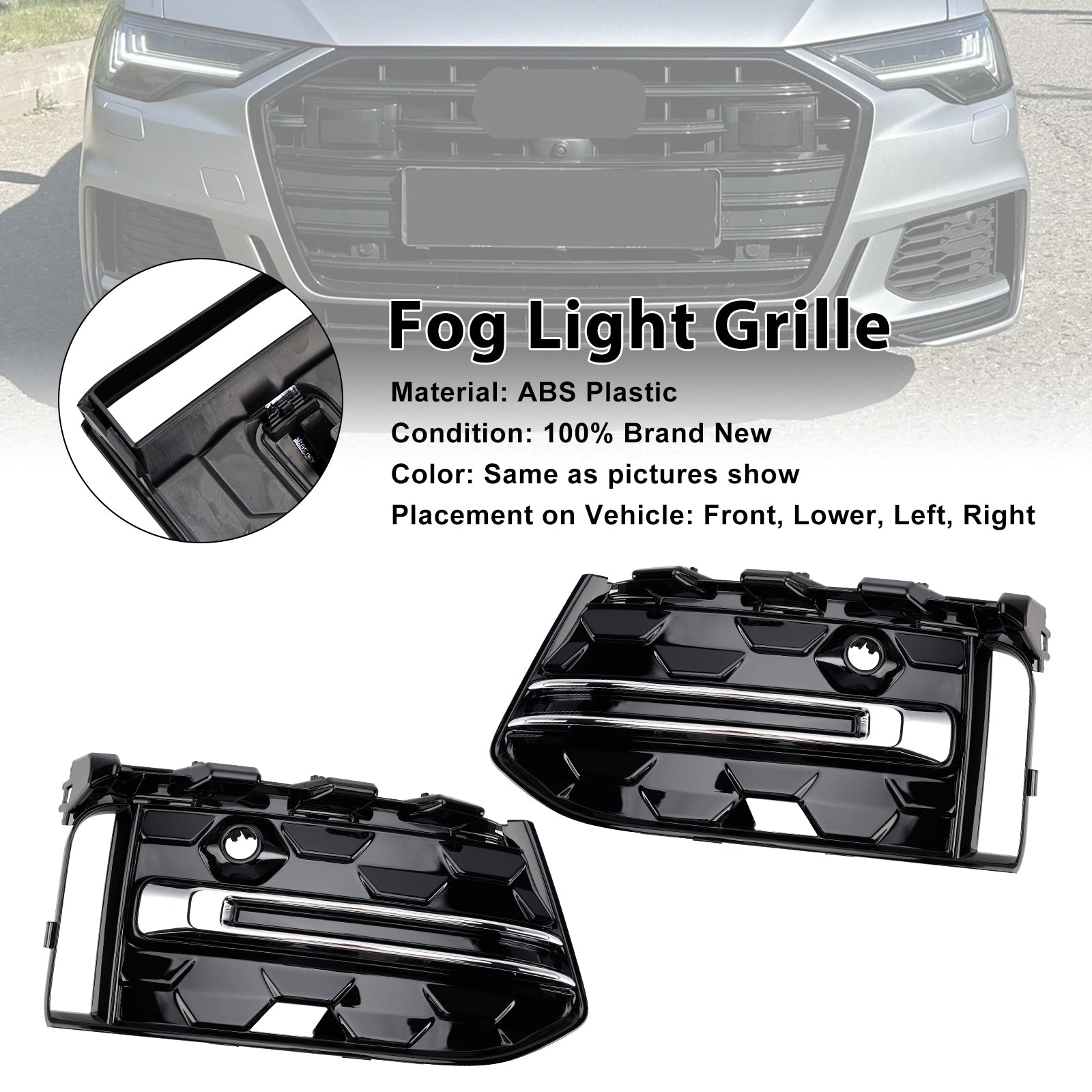 2023+ Audi A6 C8PA S-Line S6 2PCS Front Bumper Fog Light Grille Trim Black Chrome
