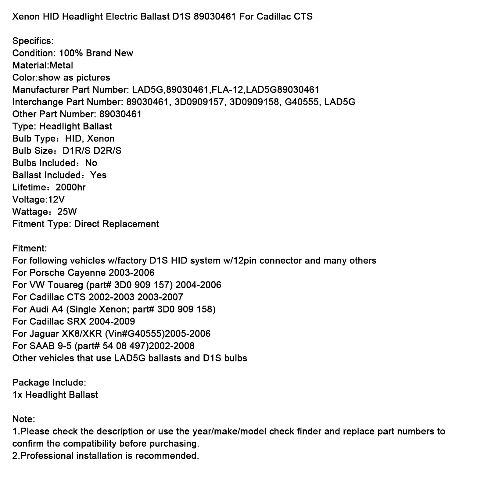 Xenon gömde strålkastaren Electric Ballast D1S 89030461 för Cadillac CTS
