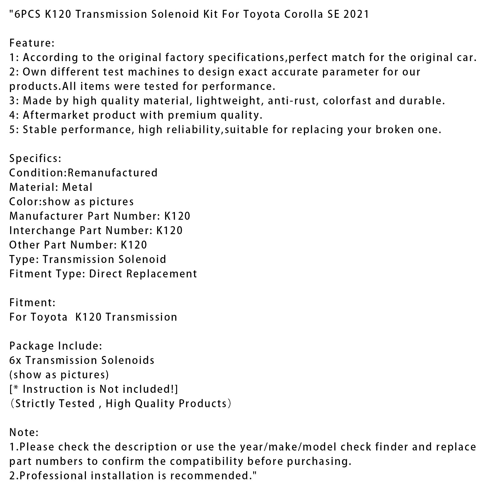 6PCS K120 Transmission Solenoid Kit For Toyota Corolla SE 2021