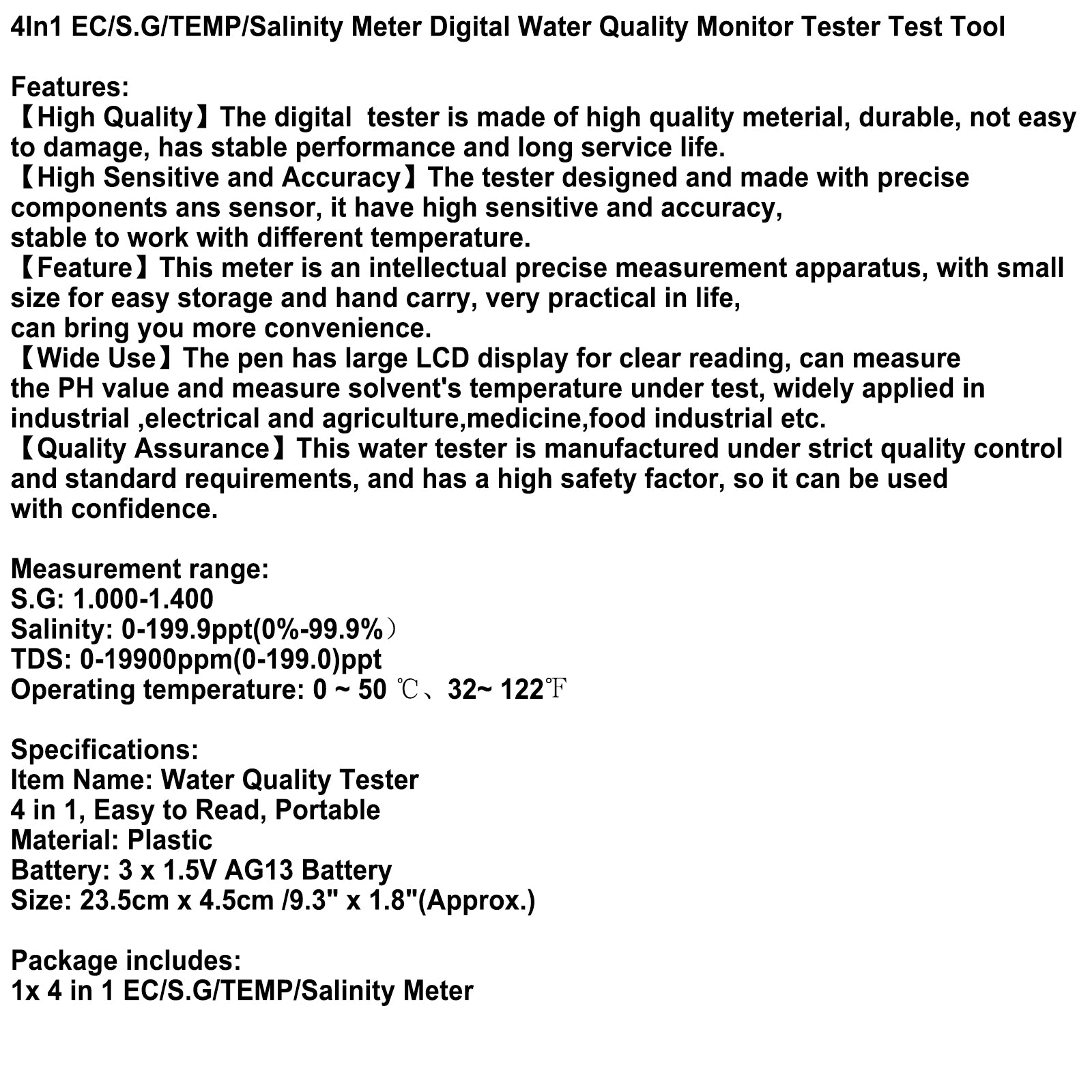 4In1 EC/S.G/TEMP/salinité mètre numérique moniteur de qualité de l'eau testeur outil de Test