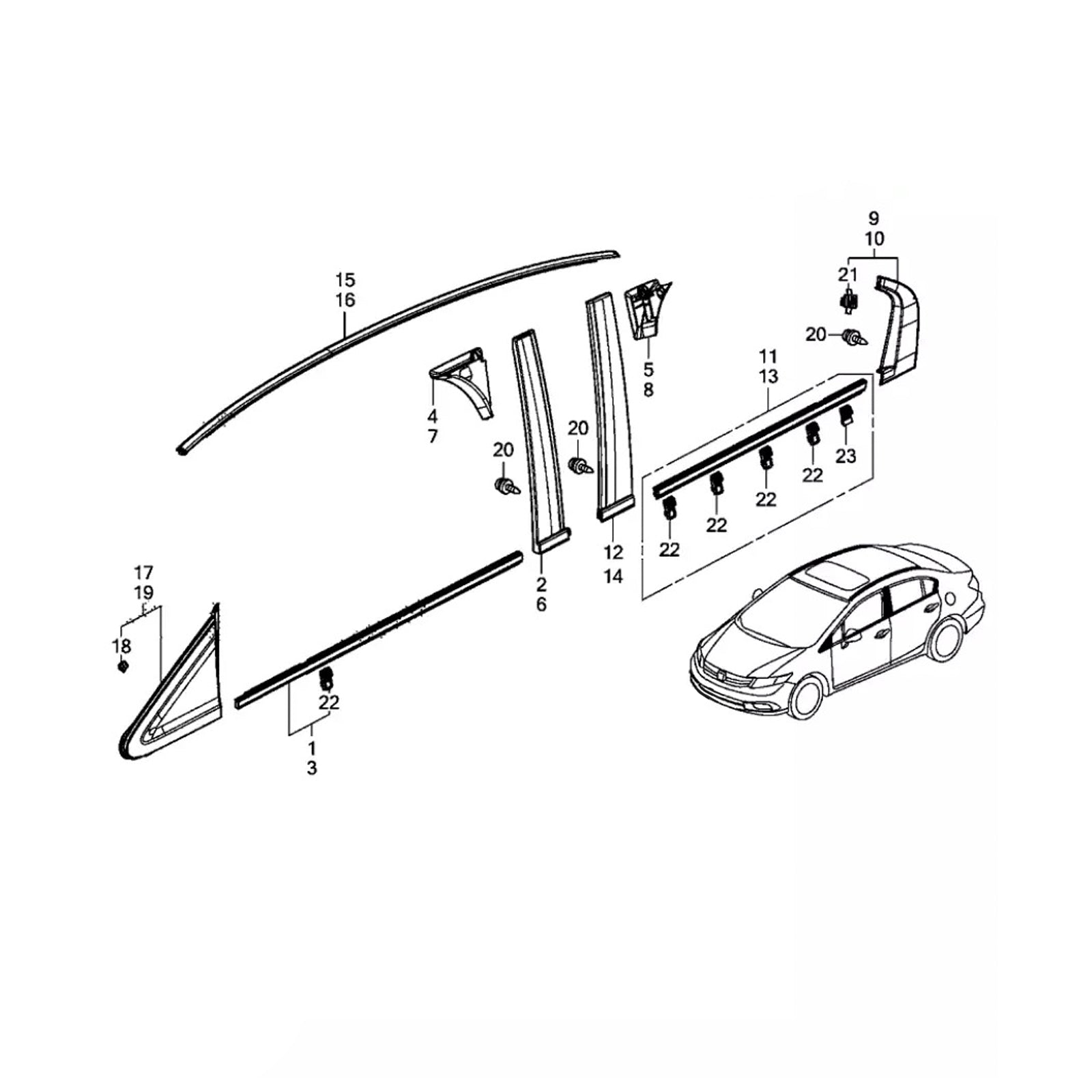 2012-2015 Honda Civic 4 dører 2 stk. takdråper, venstre & Høyre side gummi