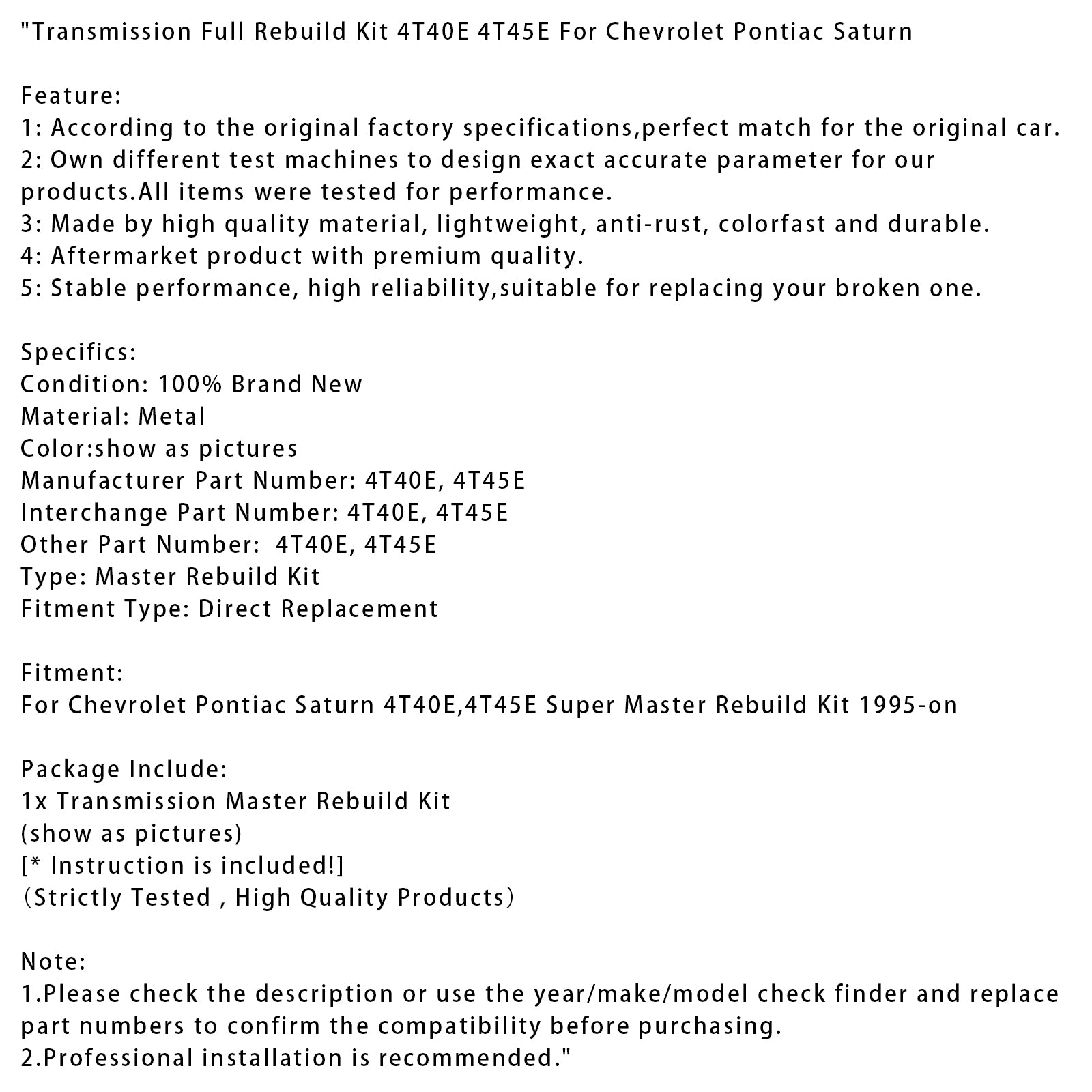Volledige revisieset voor Chevrolet Pontiac Saturn-transmissie vanaf 1995 4T40E 4T45E