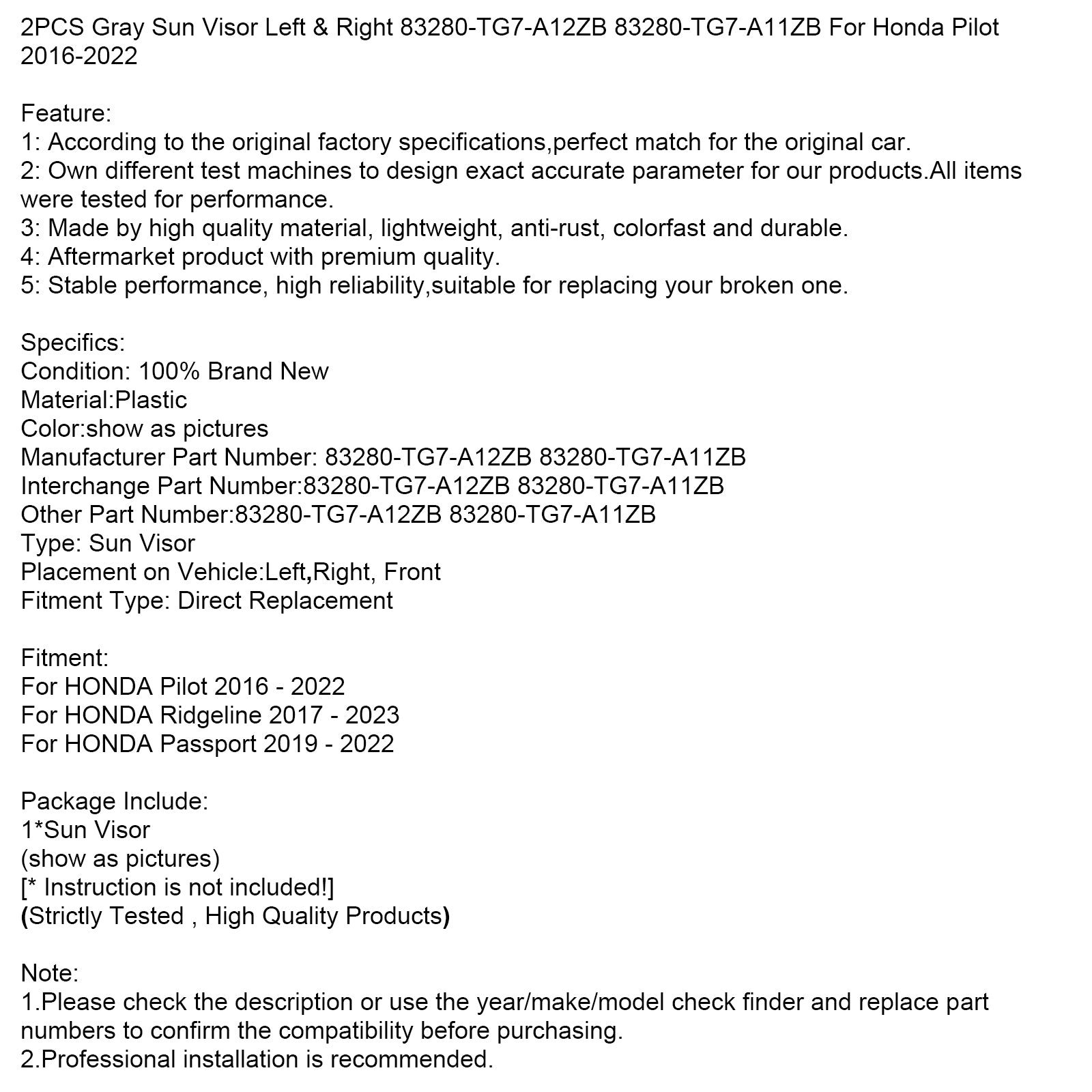 Parasol izquierdo gris para Honda Pilot 2016-2022 (2 piezas) & Derecha 83280-TG7-A12ZB 83280-TG7-A11ZB