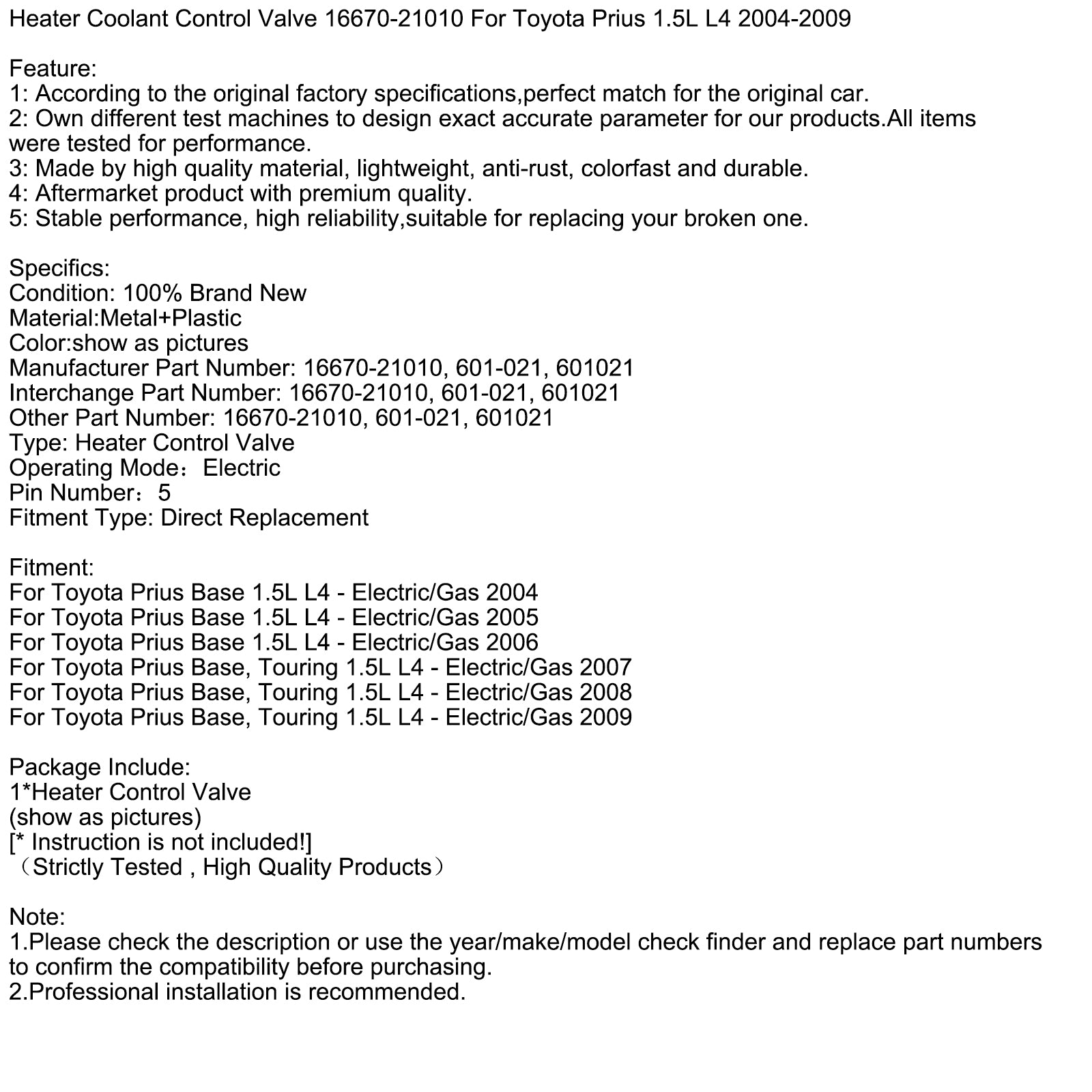 Válvula de controle do líquido de arrefecimento do aquecedor 16670-21010 para Toyota Prius 1.5L L4 2004-2009