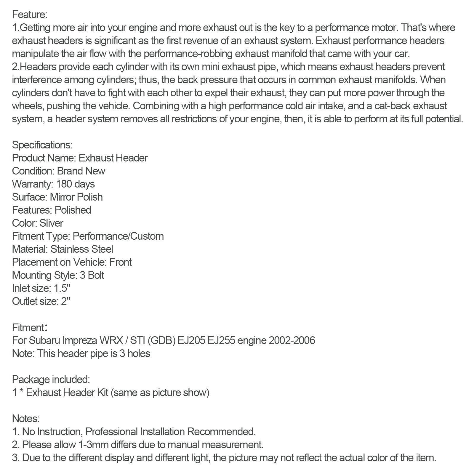 Cabeçalho de escape FIT IMPREZA WRX/STI GDB GG EJ20/EJ25 02-06 Aço inoxidável