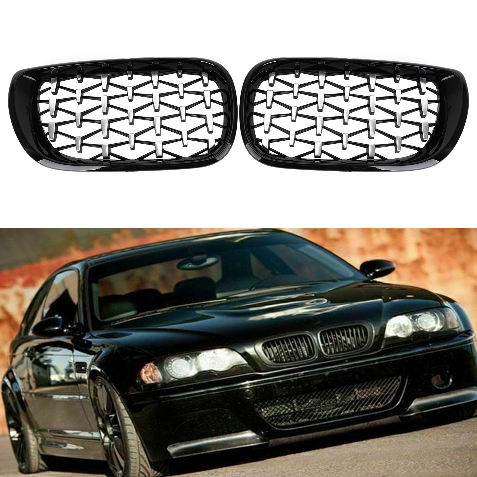 Black & Chrome Diamond Grille For BMW E46 Saloon/Touring Facelift 2002-2005 4Dr