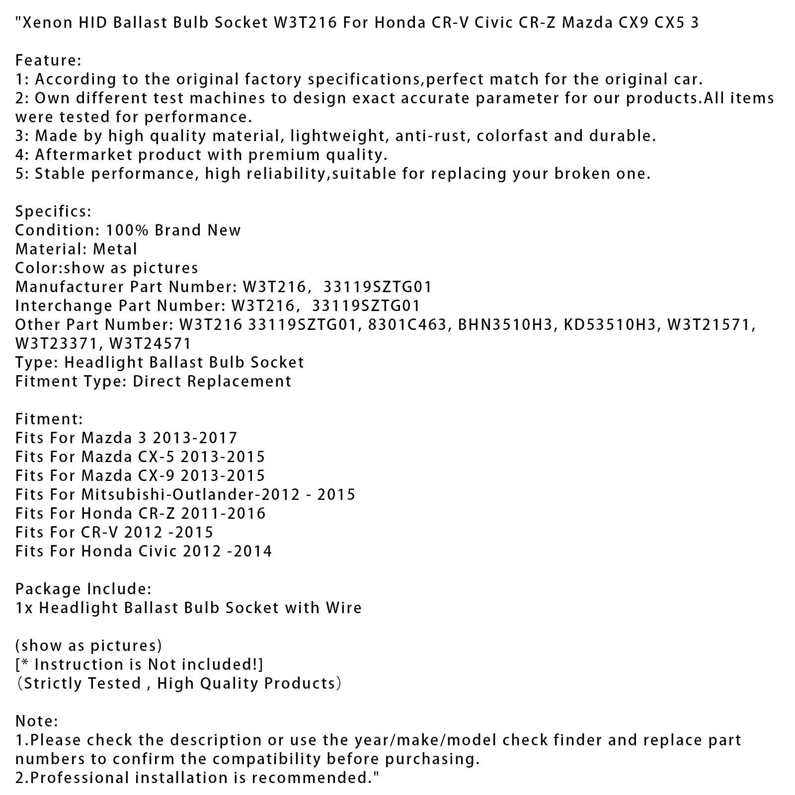 Xenon HID Ballast Bulb Socket W3T216 For Honda CR-V Civic CR-Z Mazda CX9 CX5 3