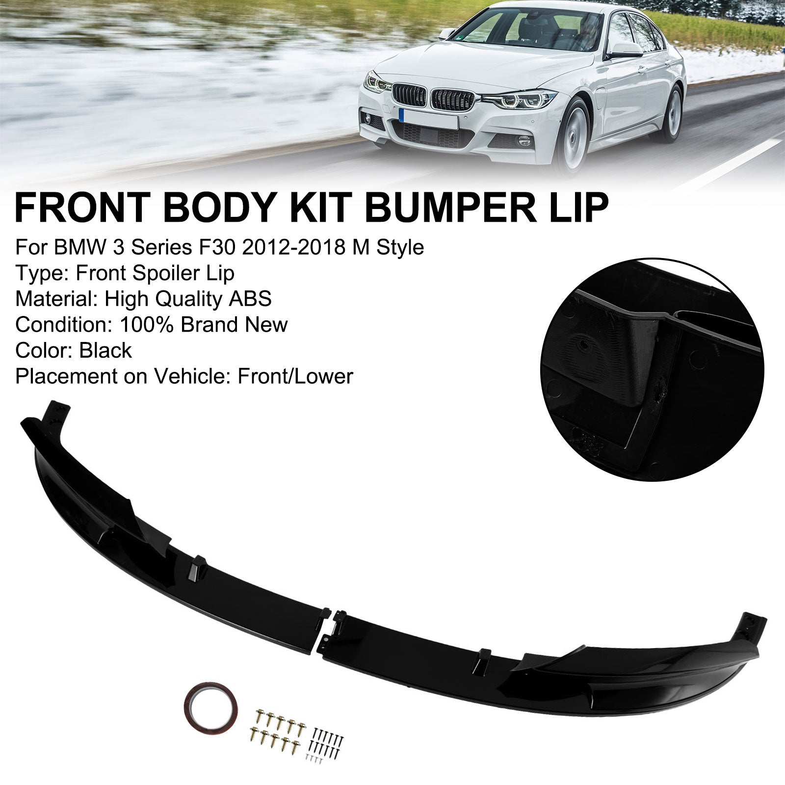 2012-2018 BMW 3 Series F30 M Sport Gloss Black Front Bumper Spoiler Lip