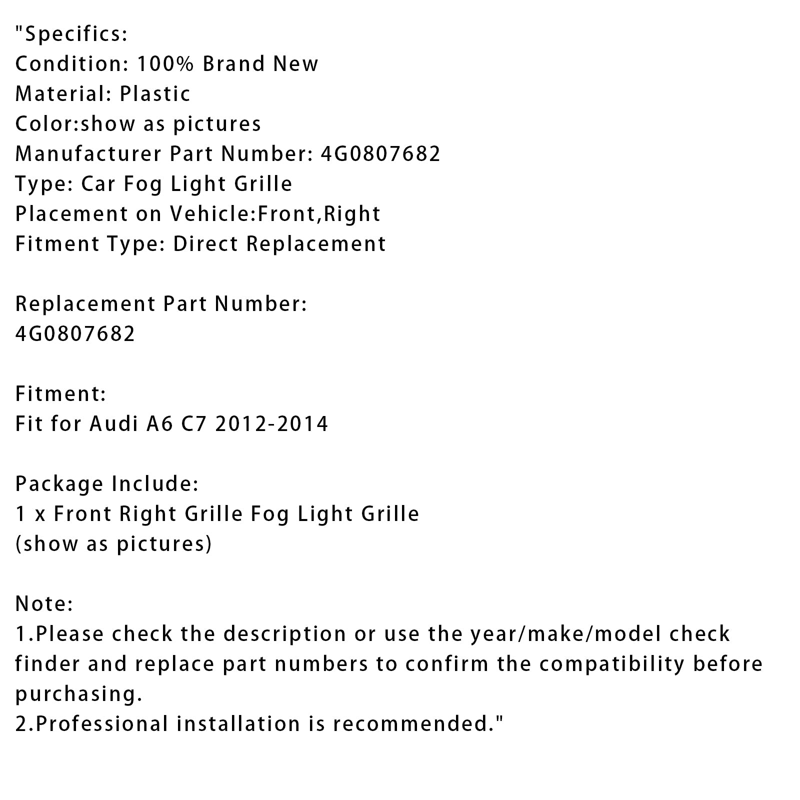 2012-2014 Audi A6 C7 predný pravý bočný nárazník mriežka FOG Light Grill 4G0807682