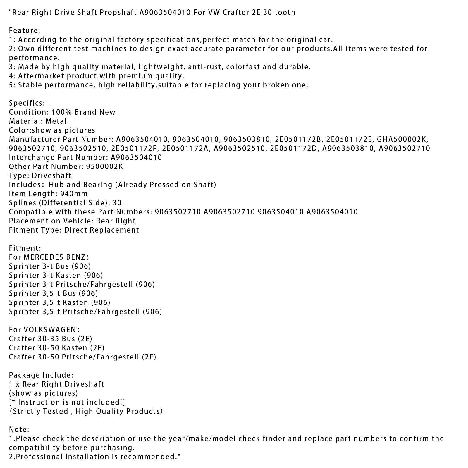 VOLKSWAGEN Crafter 30-50 Kasten (2E) Rear Right Drive Shaft Propshaft A9063504010 9063502710