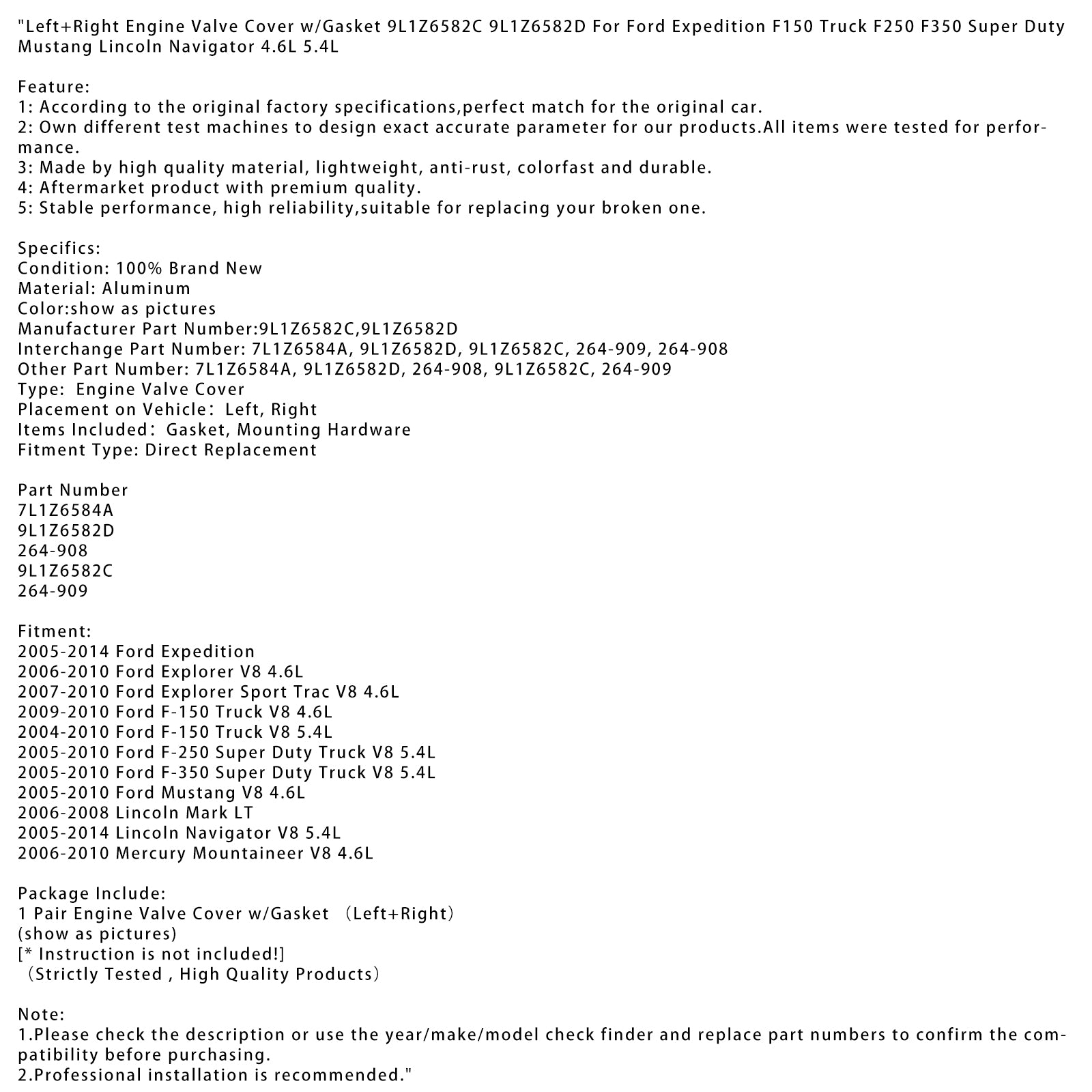 L+r kryt motora s motorom s tesnením 9L1Z6582C 9L1Z6582D pre Ford Expedition F150