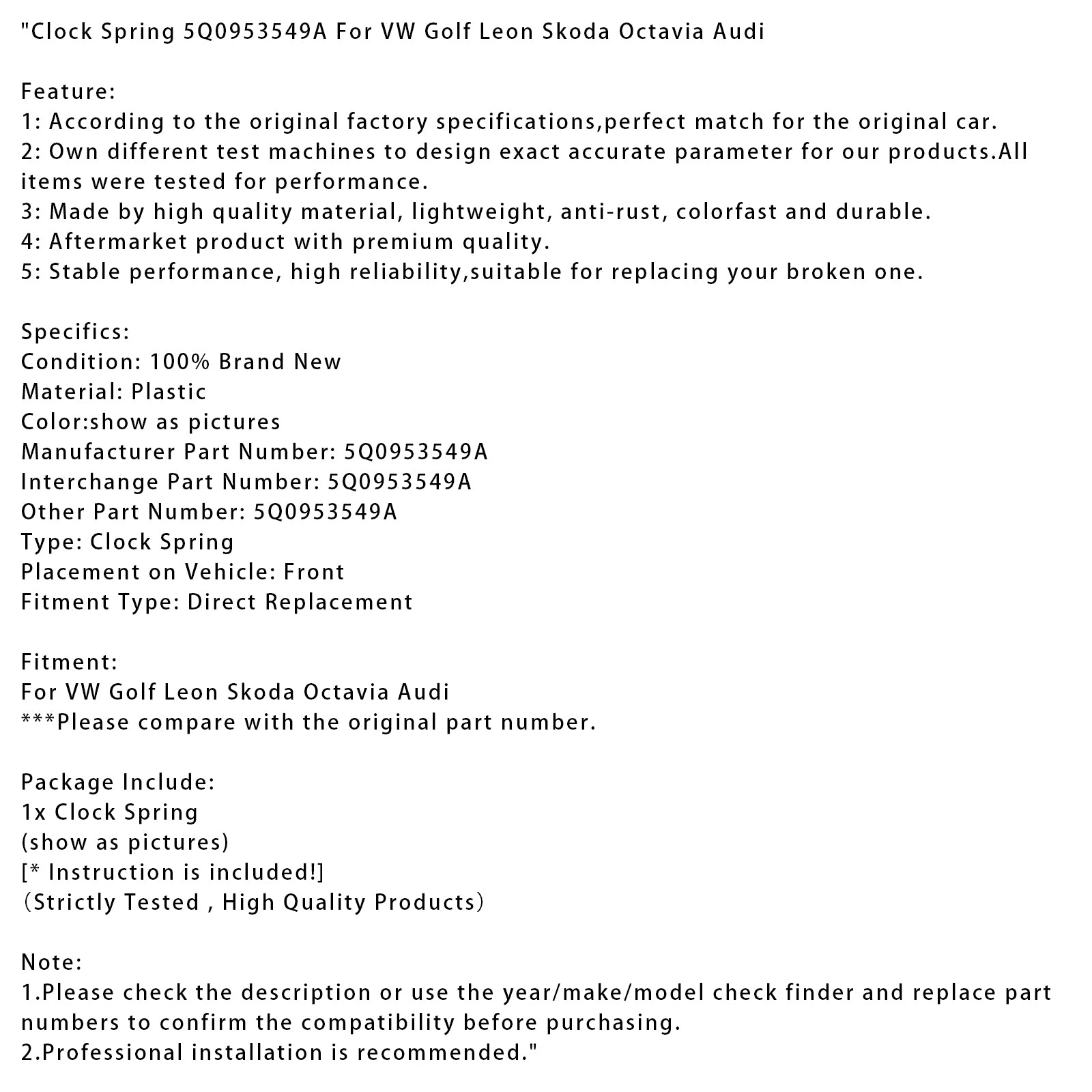 VW Golf Leon Skoda Octavia Audi Klockfjäder 5Q0953549A