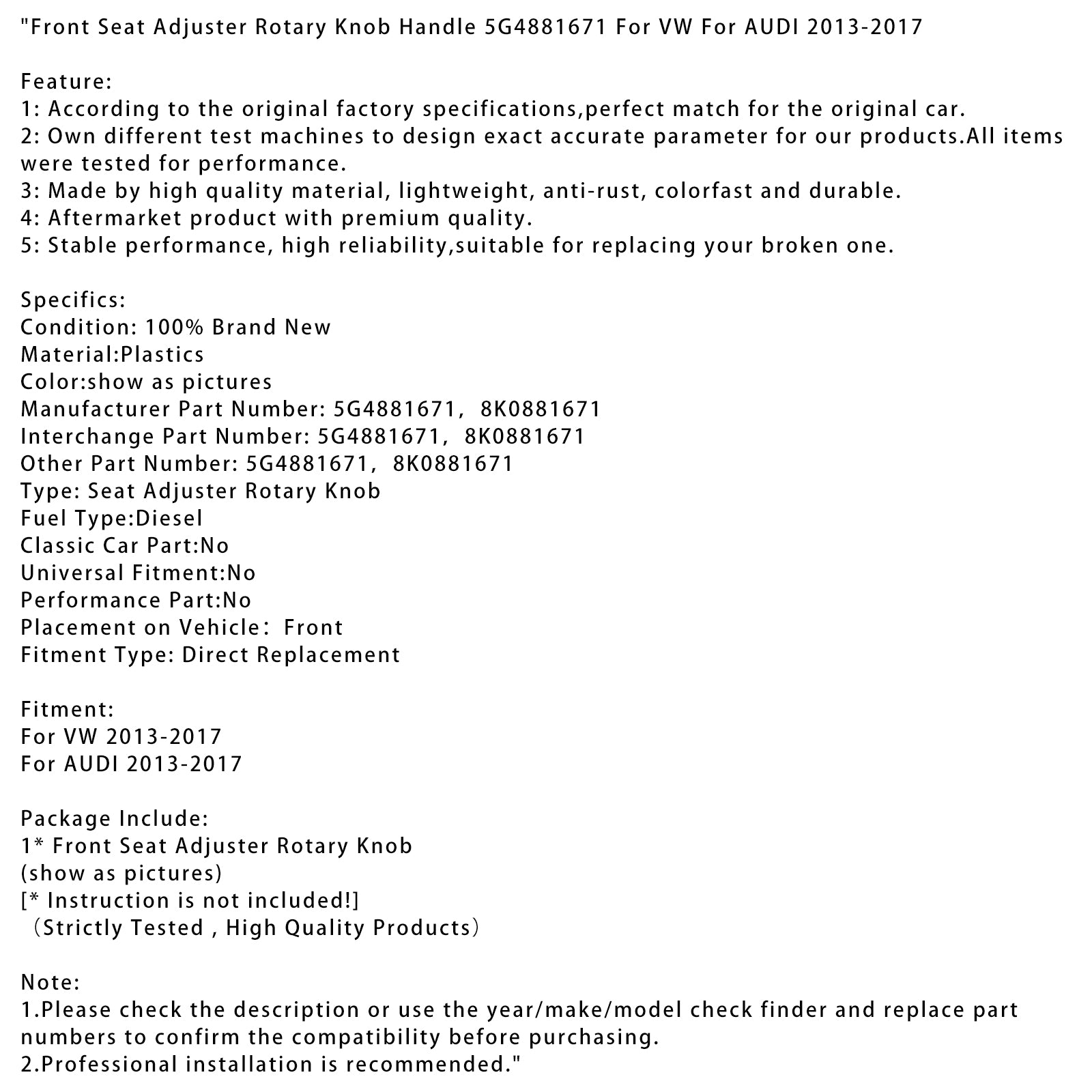 Framsätets justering Rotary Knob Handle 5G4881671 för VW för Audi 2013-2017