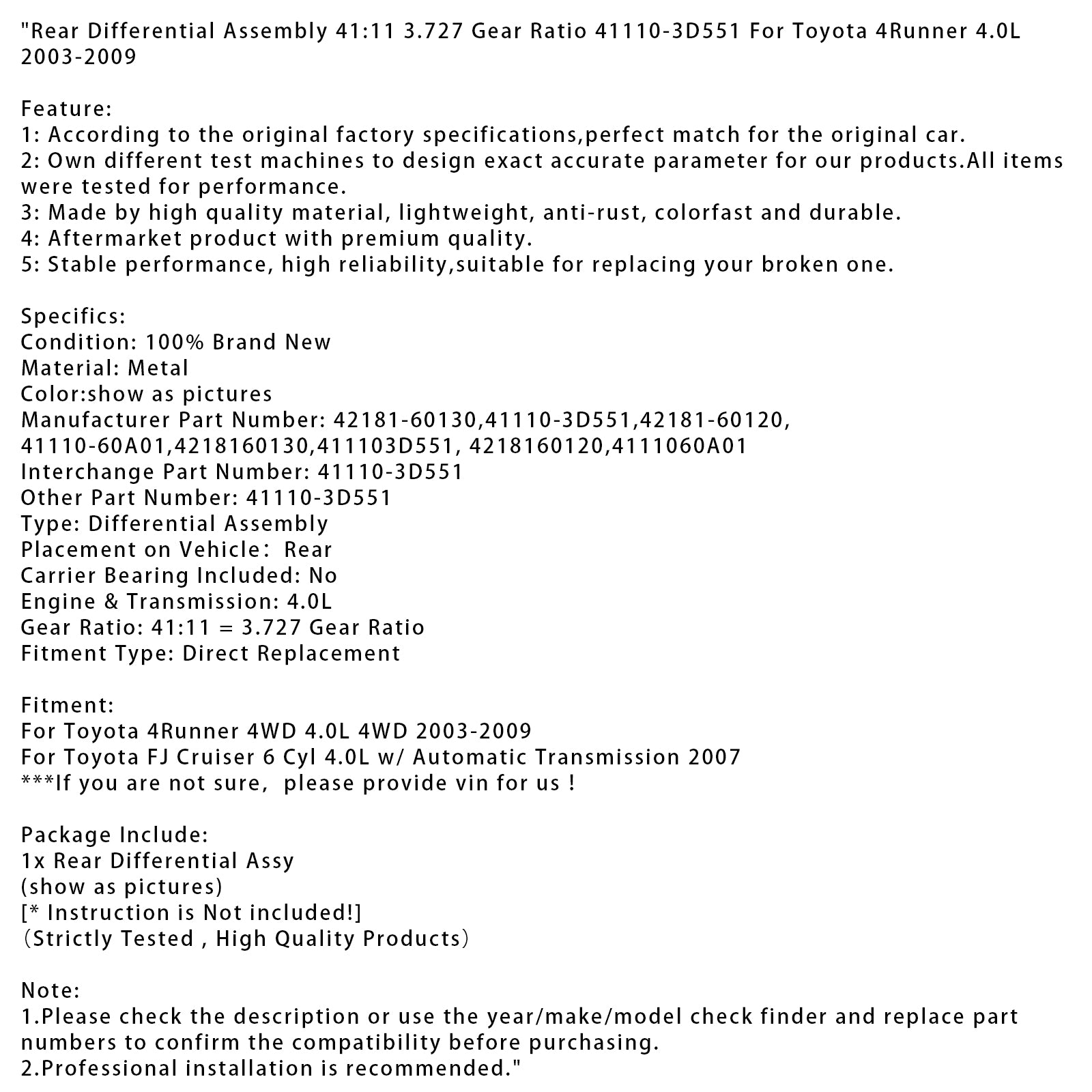 Bakre differentiell montering 41:11 3.727 växelförhållande för Toyota 4Runner 4.0L 03-09