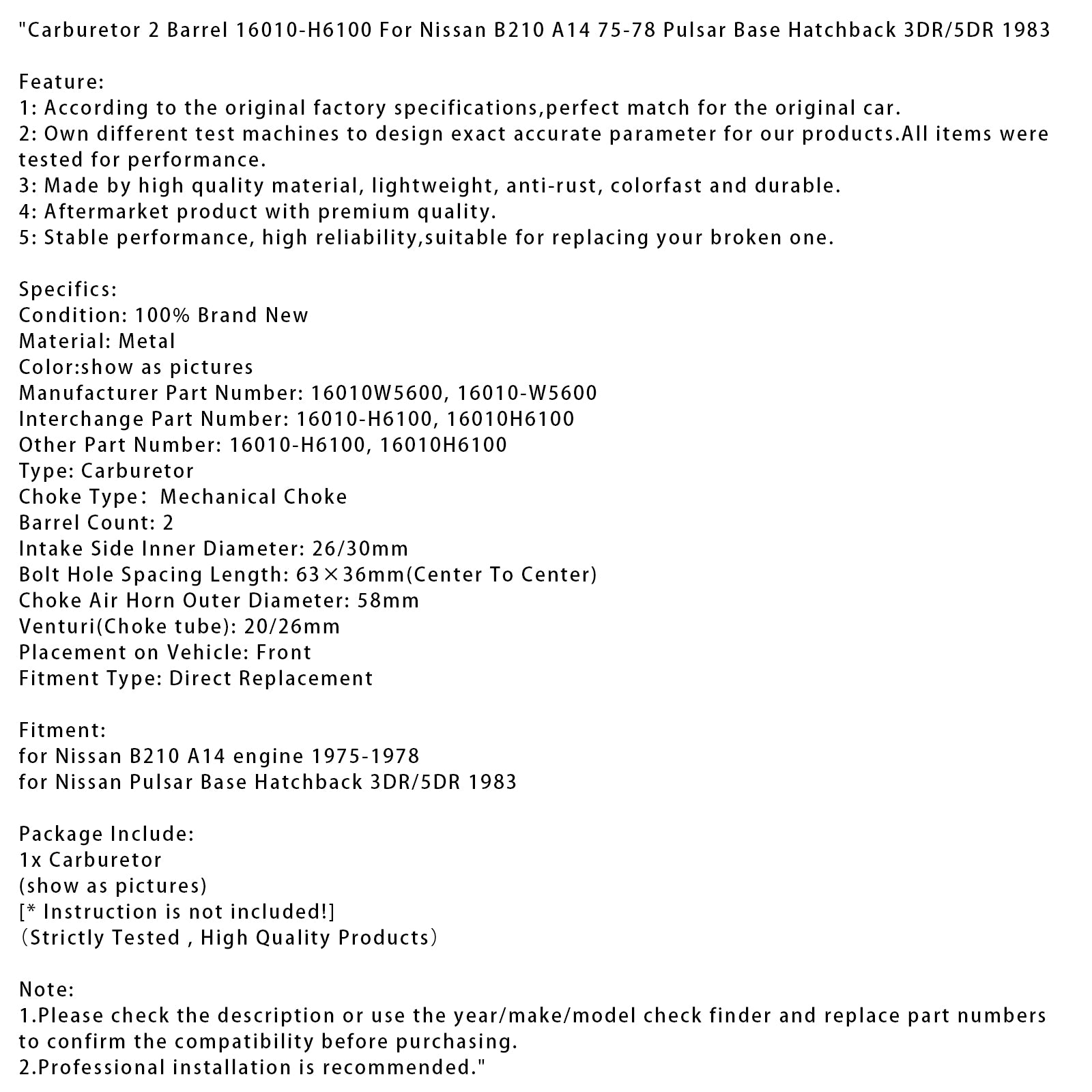 Carburetor 2 Barrel 16010-H6100 For Nissan B210 A14 75-78 Pulsar Base Hatchback