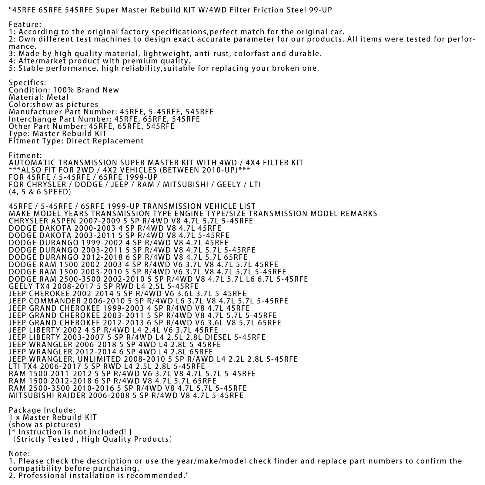 45RFE 65RFE 545RFE Super Master Rebuild Kit w/4WD Filter Friction Steel 99-Up