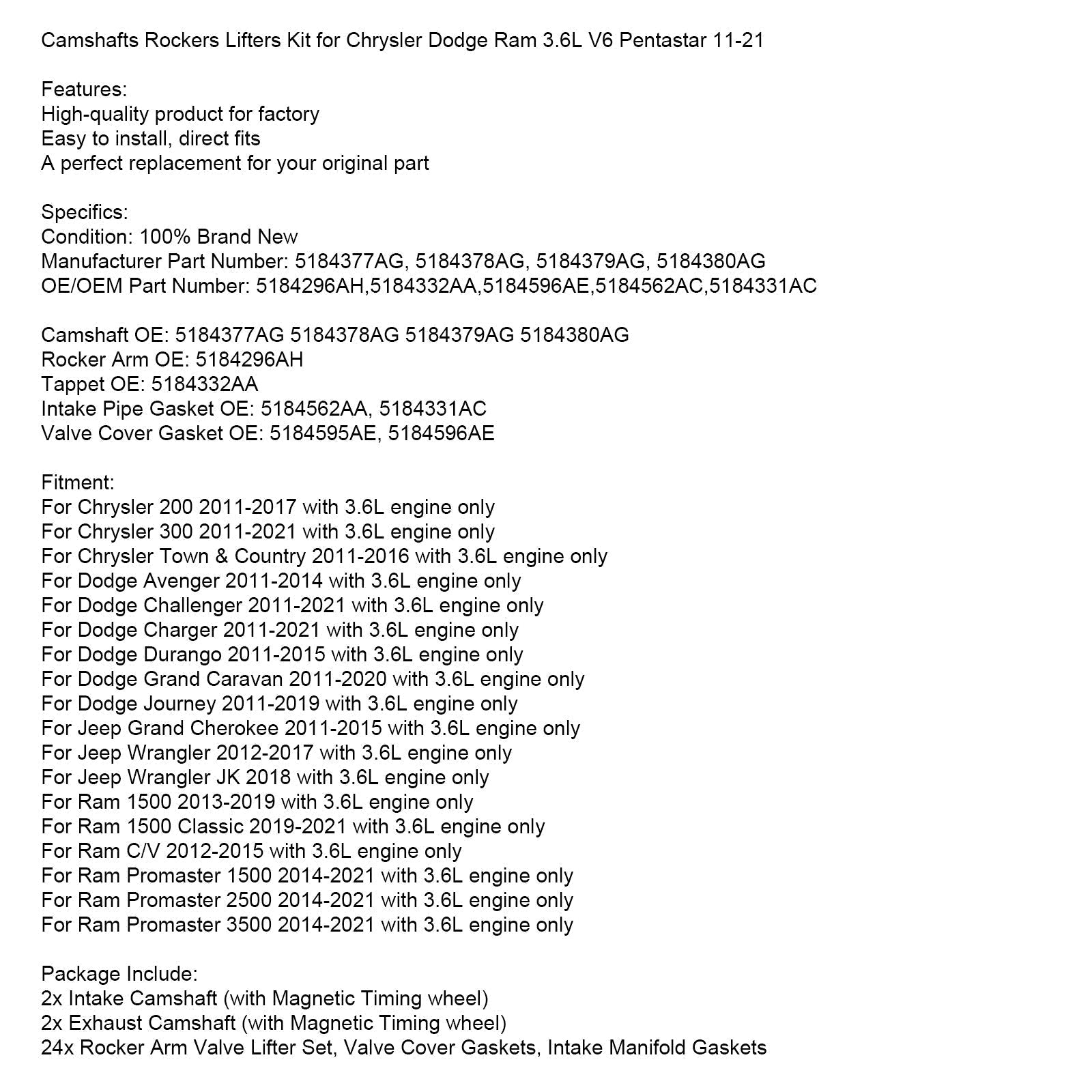 Dodge Durango 2011-2015 avec moteur 3,6 L Kit de levage de culbuteurs d'arbres à cames