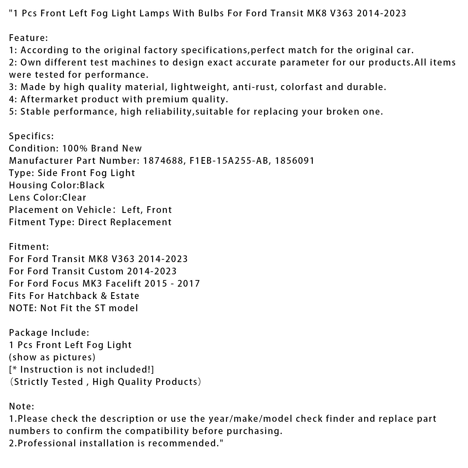 1 stuks mistlamplampen linksvoor met lampen voor Ford Transit Custom 2014-2023